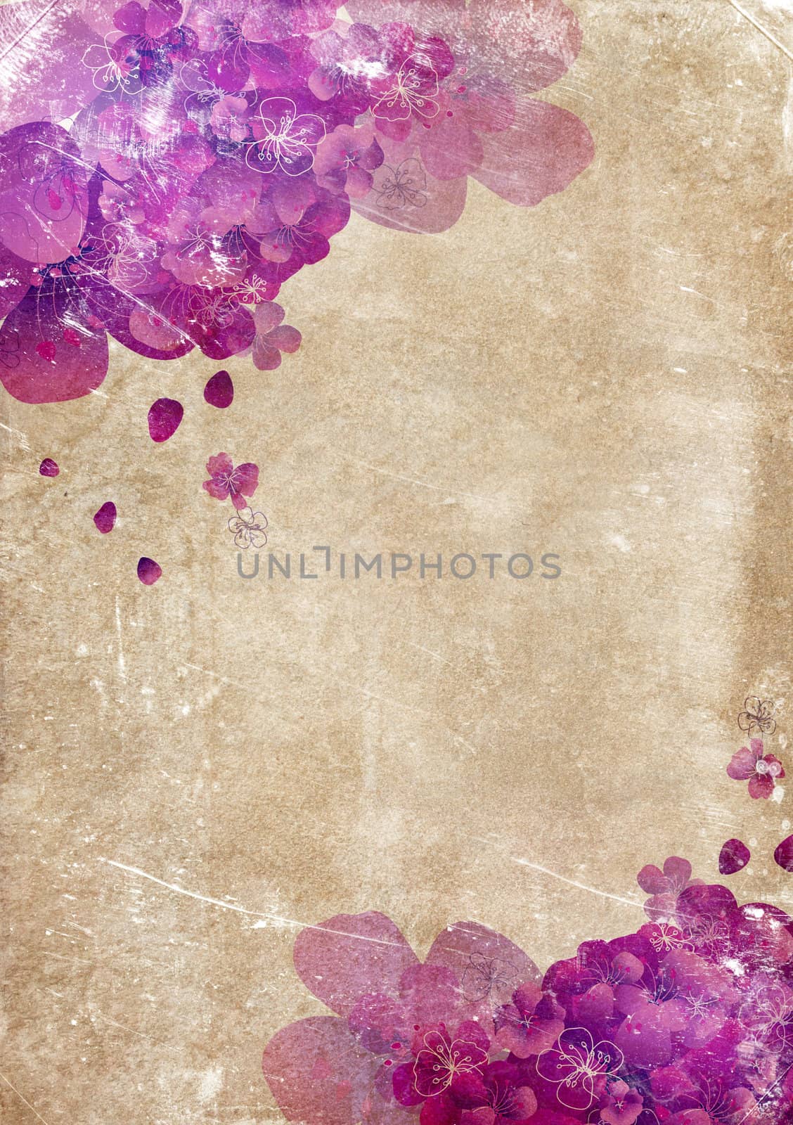 Grungy backdrop of old paper texture with floral ornaments