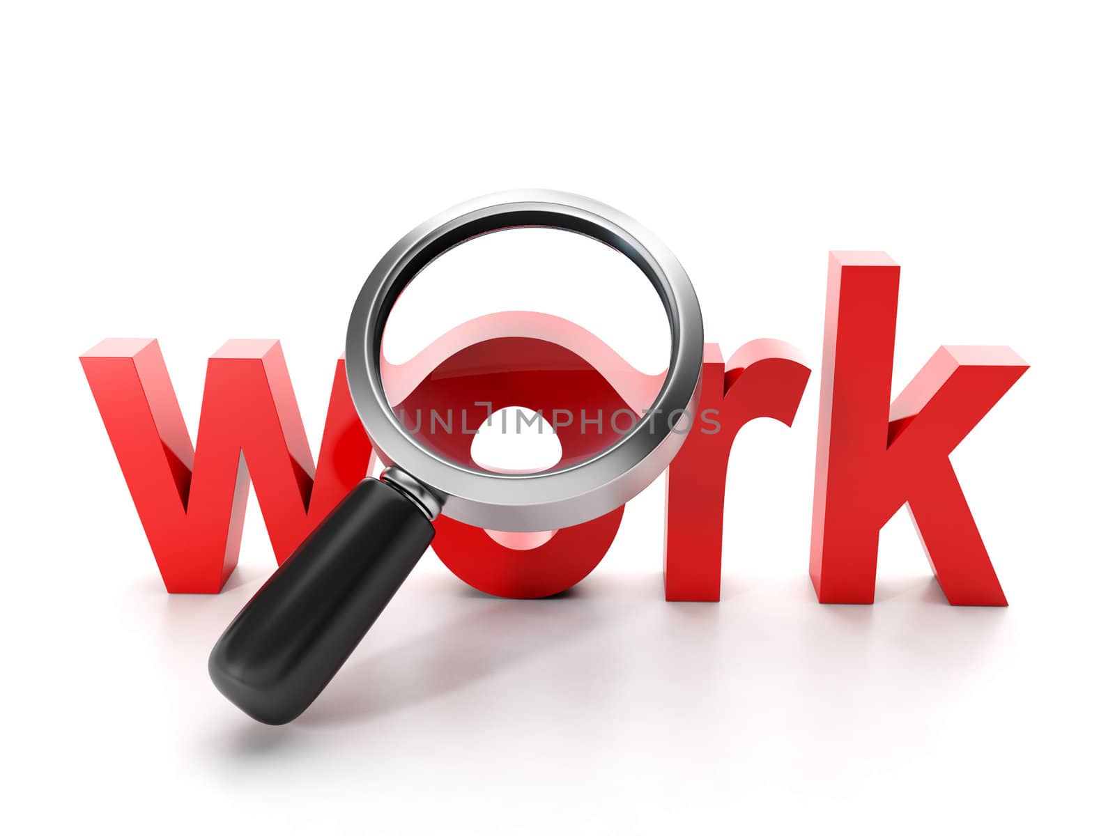 Job search. Big red word work and magnifier on a white background