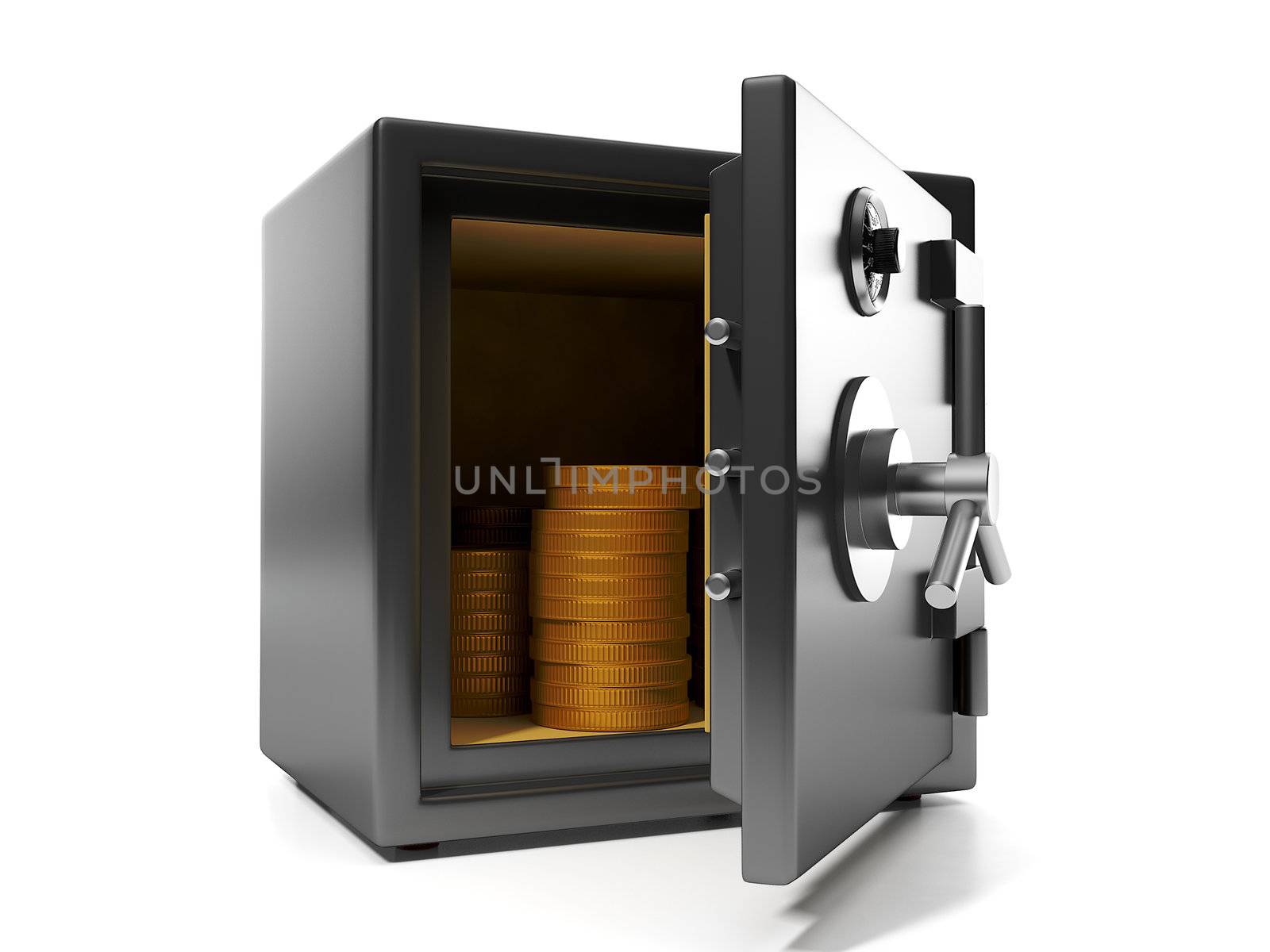 3d illustration: Money savings. Group of coins in the safe keeping money safe protection