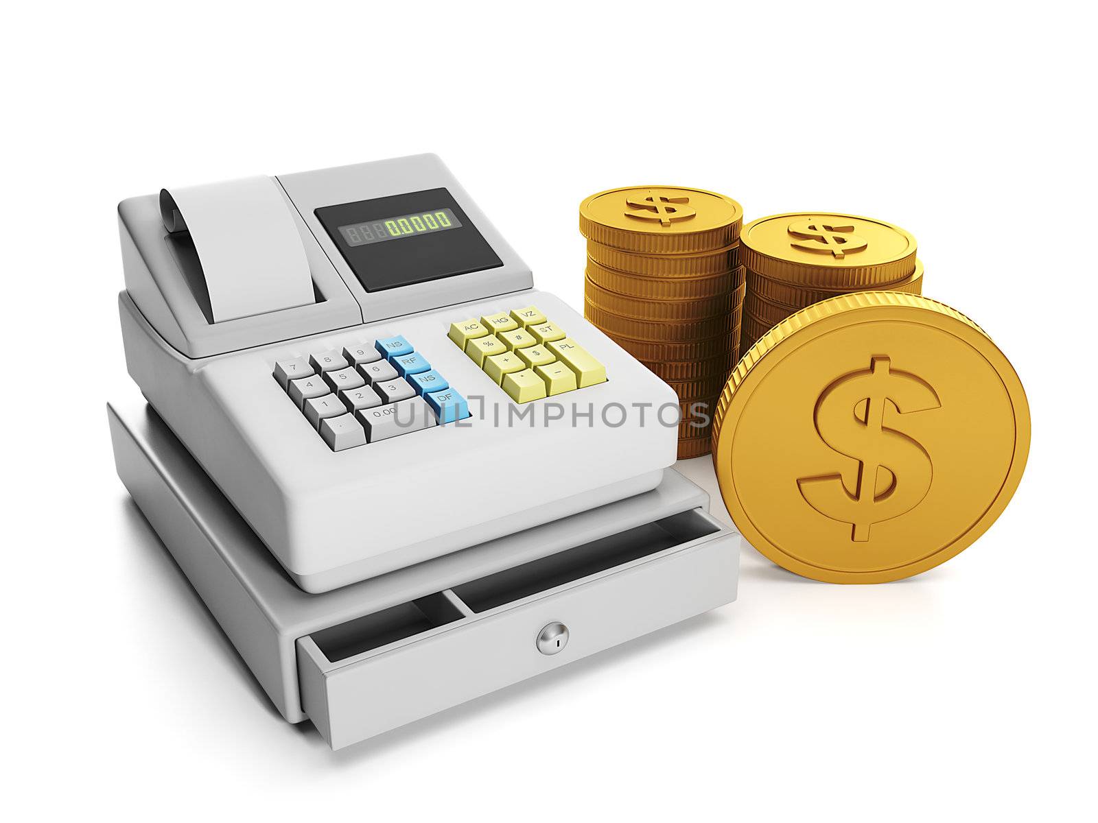 3d illustration: Sale and purchase. Cash register and a group of gold moneet.