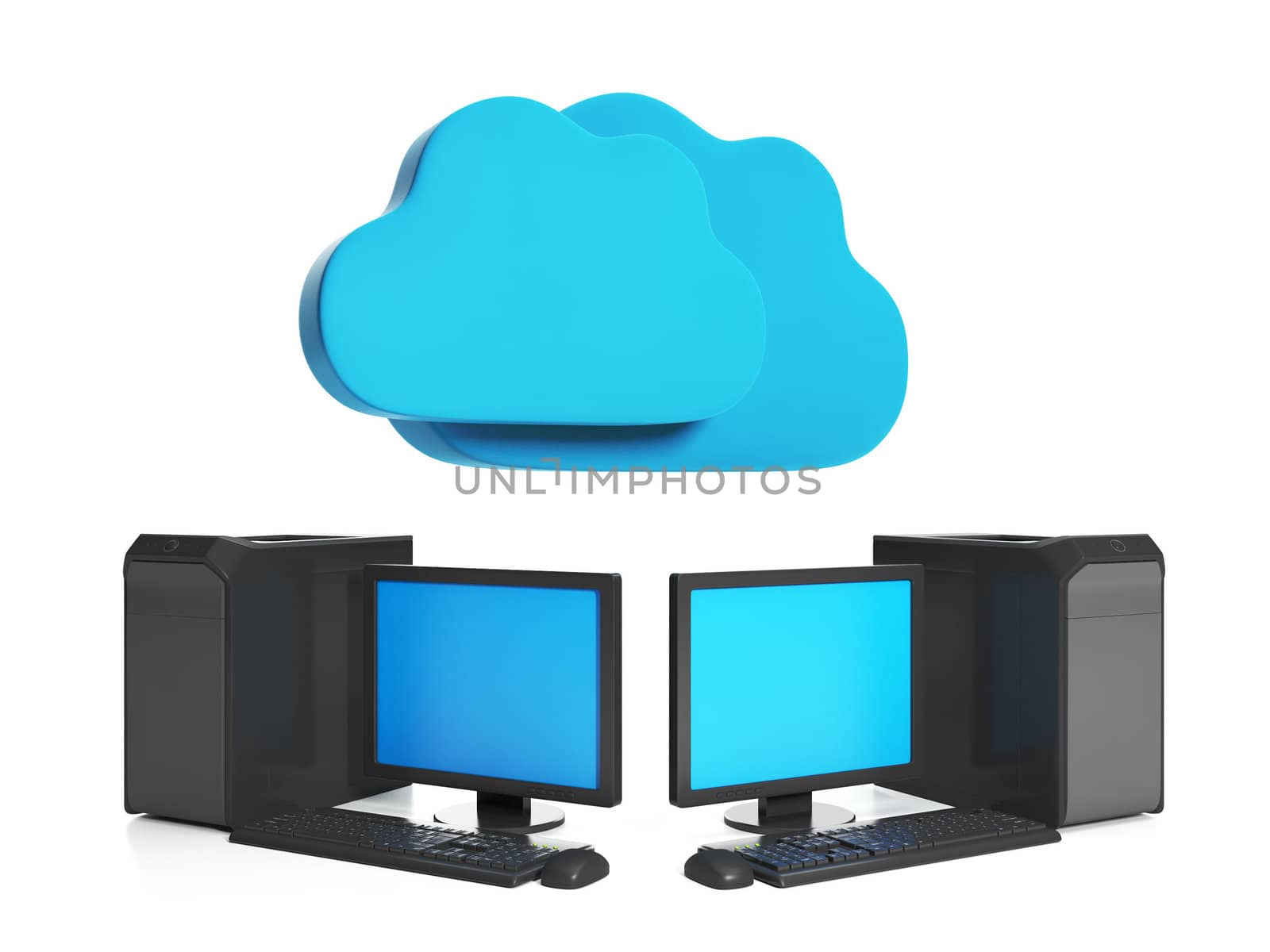 3d illustration of computer technologies. Group fixed kopyutera the cloud, internet connection