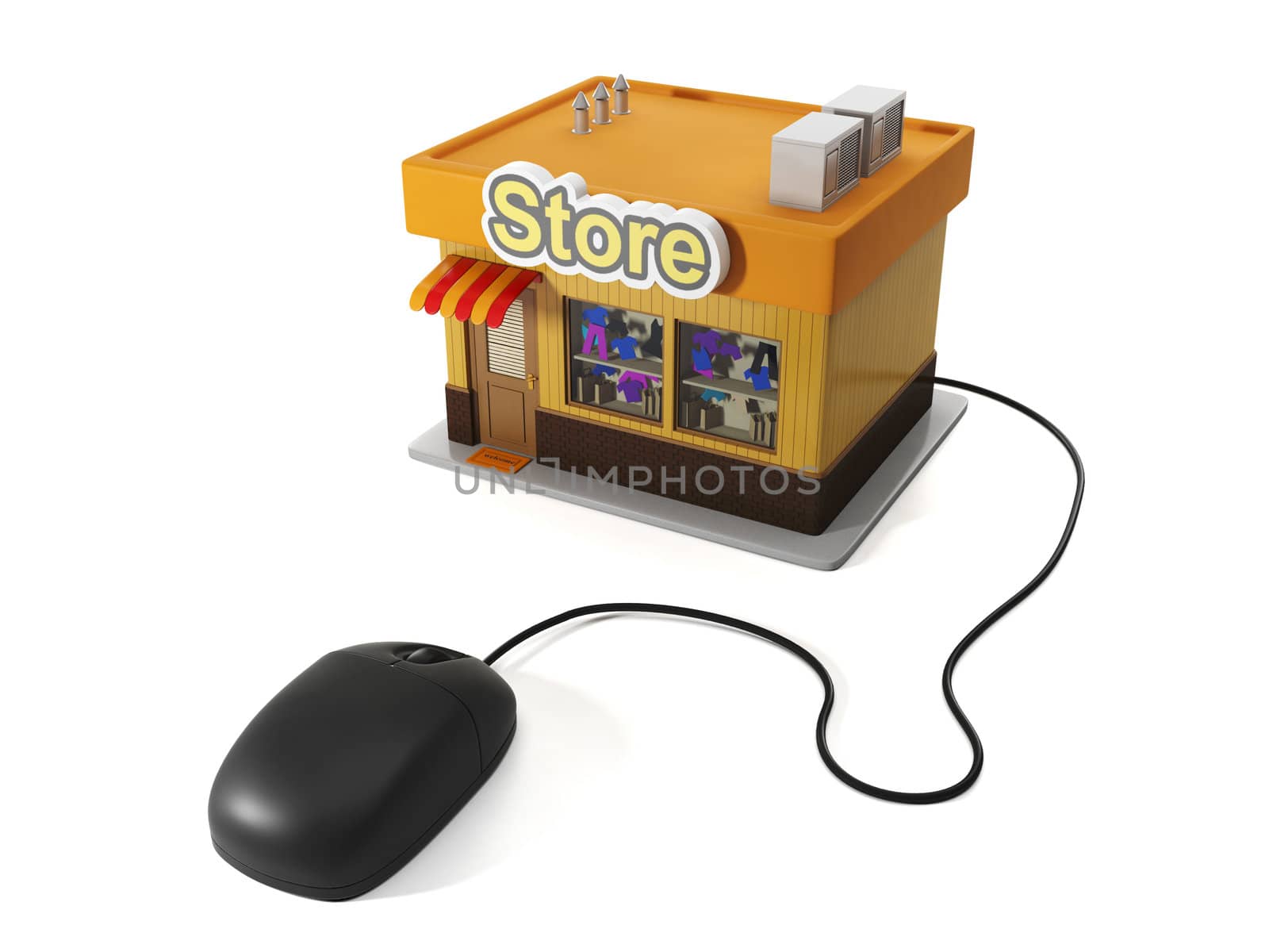 3d illustration of internet shop. Computer mouse and shop by kolobsek