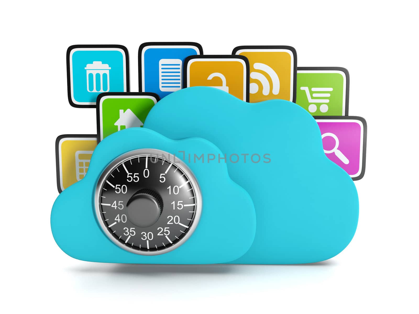3d Illustration: Computer Technology Internet. Cloud computer icons, information security