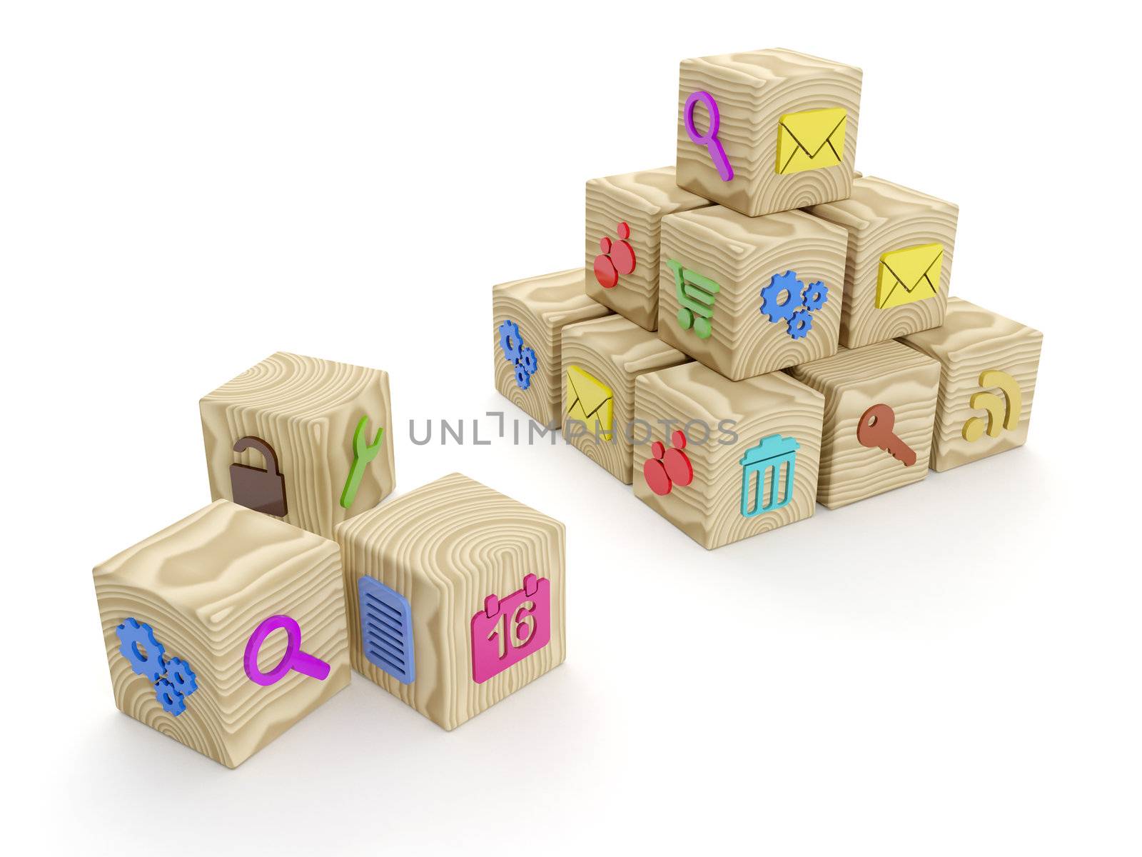 3d illustration: A group of wooden blocks, the mobile will