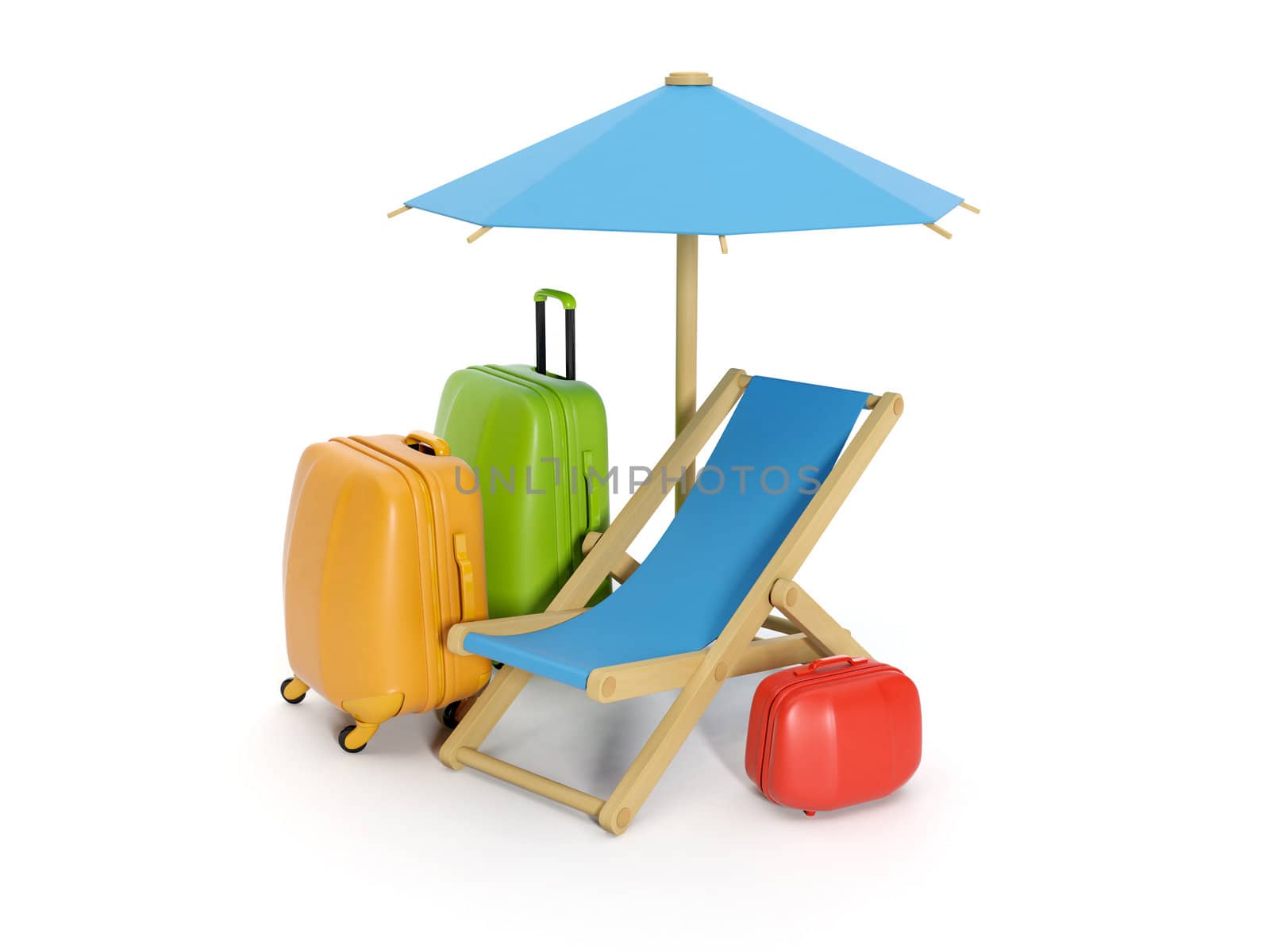 3d illustration: A group of suitcases umbrella and chair. Celebrities at the time of its release