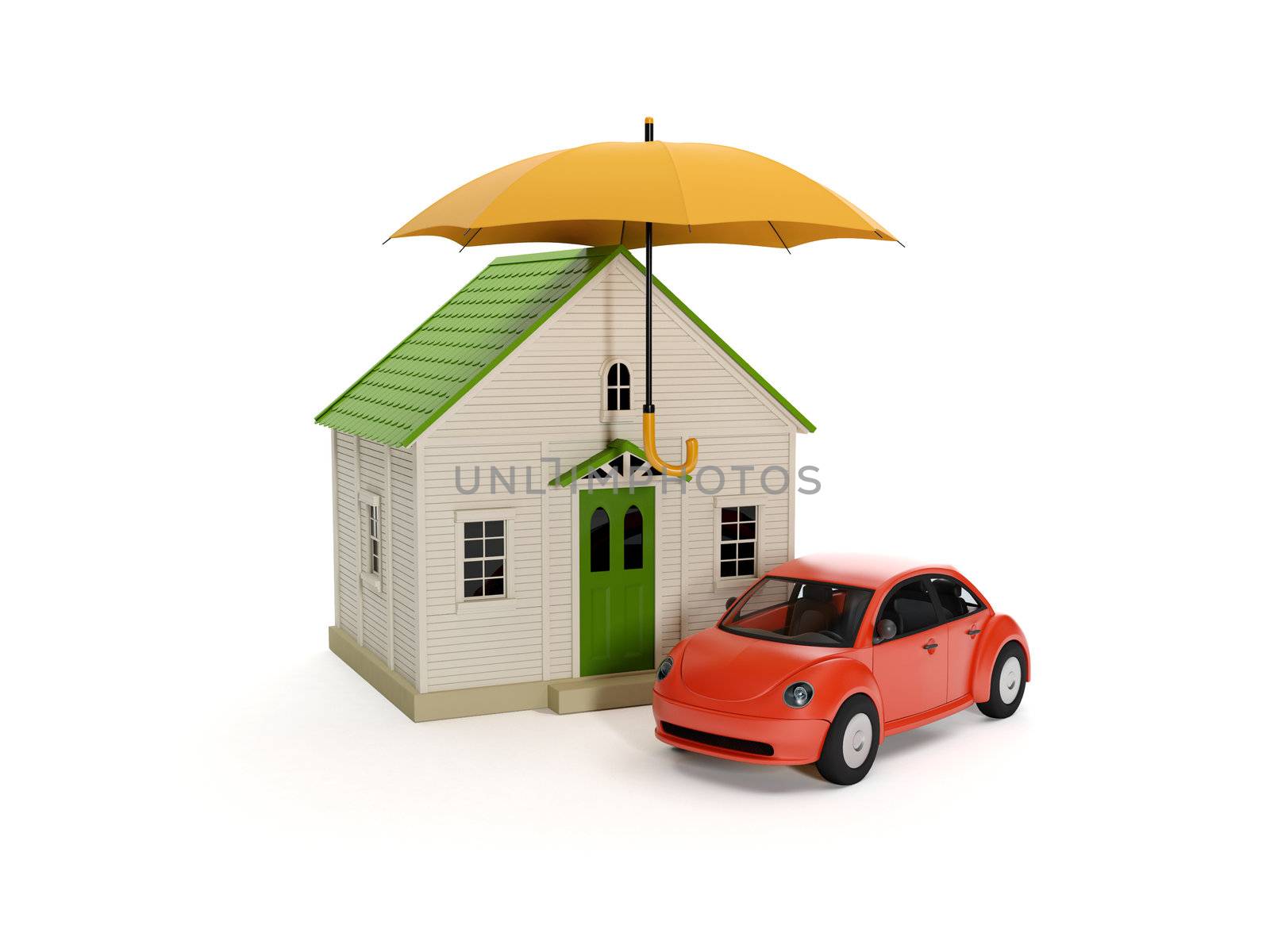 3d illustration: Umbrella house and car. Insurance, protection of their property