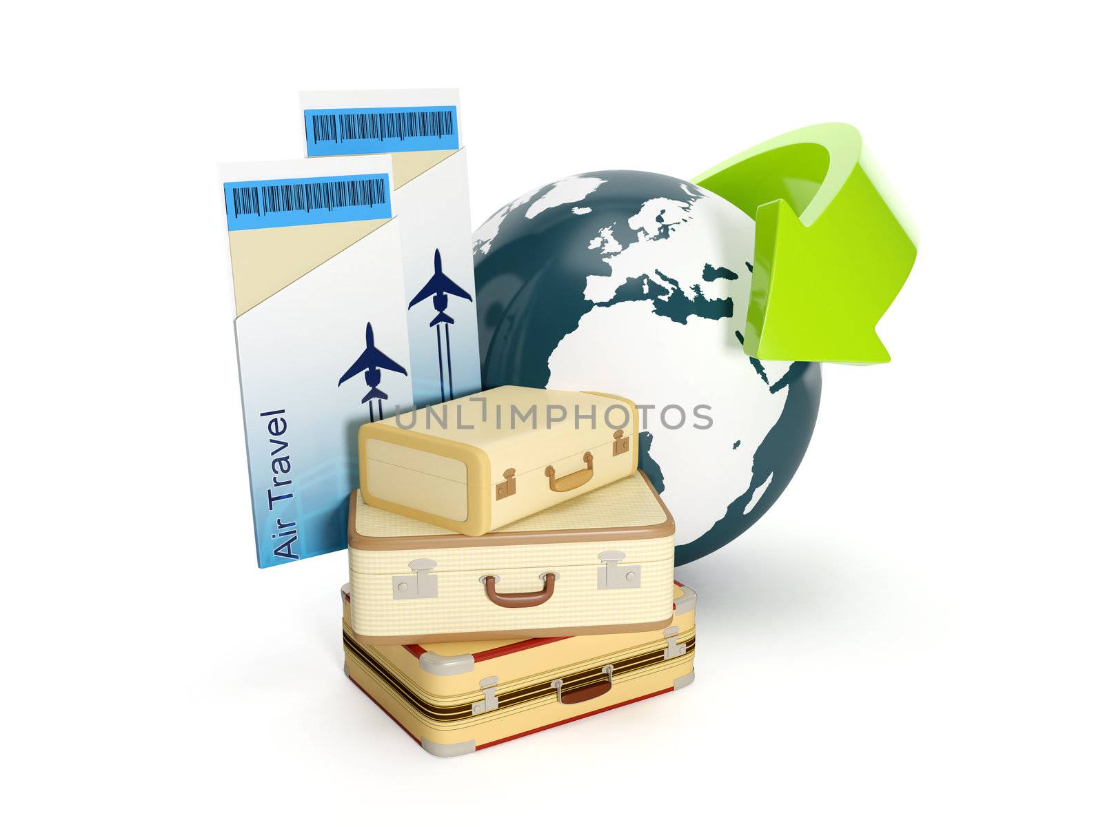 3d illustration: Travel holiday. The suitcase and the earth with a plane ticket on a white background
