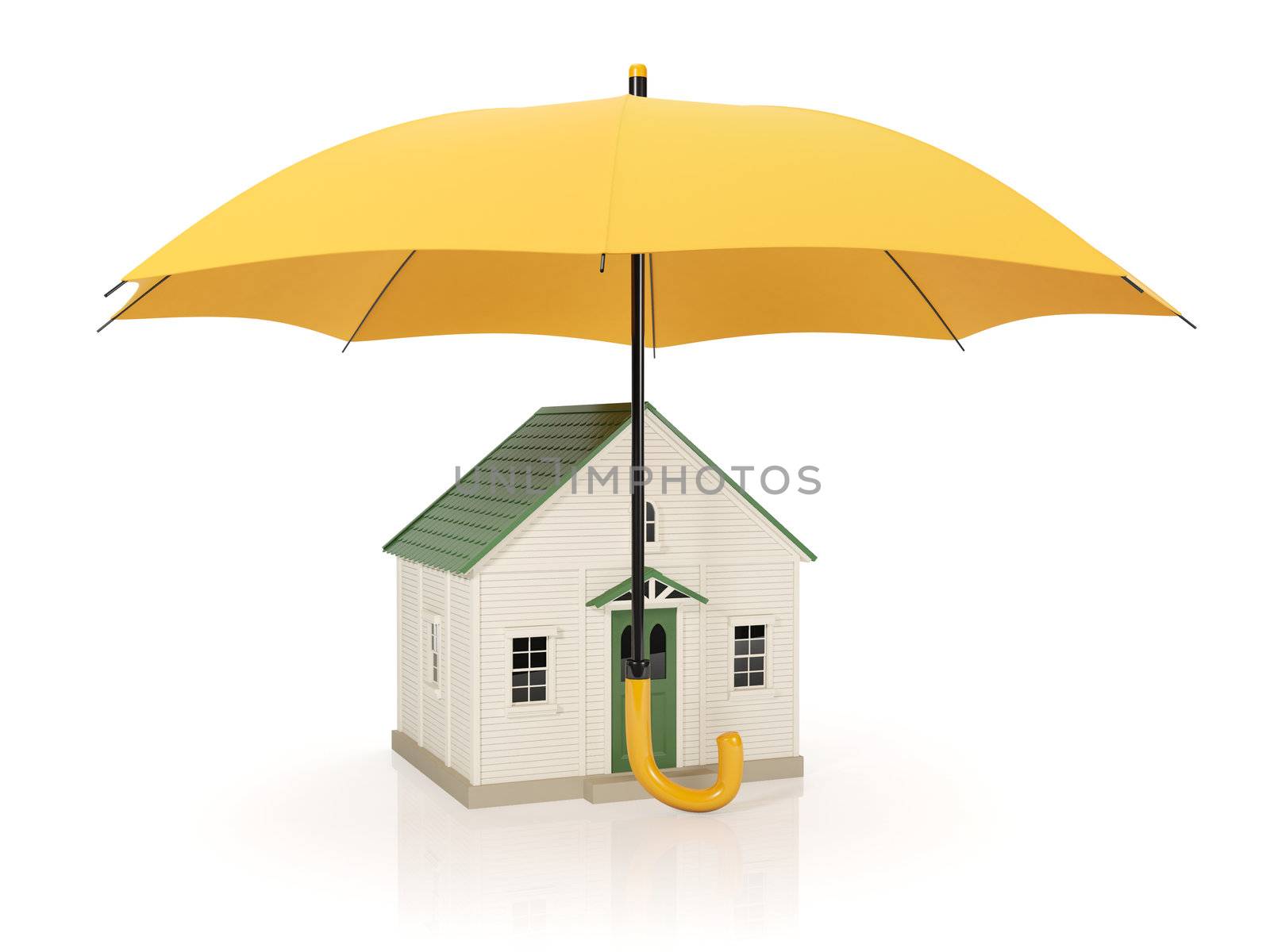 3d illustration: Protecting homes from poor conditions, an umbrella