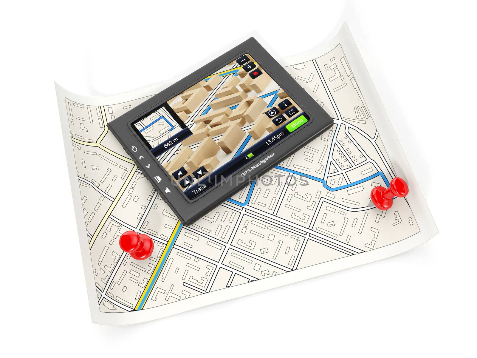 3d illustration: The GPS navigator and the card on a white background. Search of the right place, destination