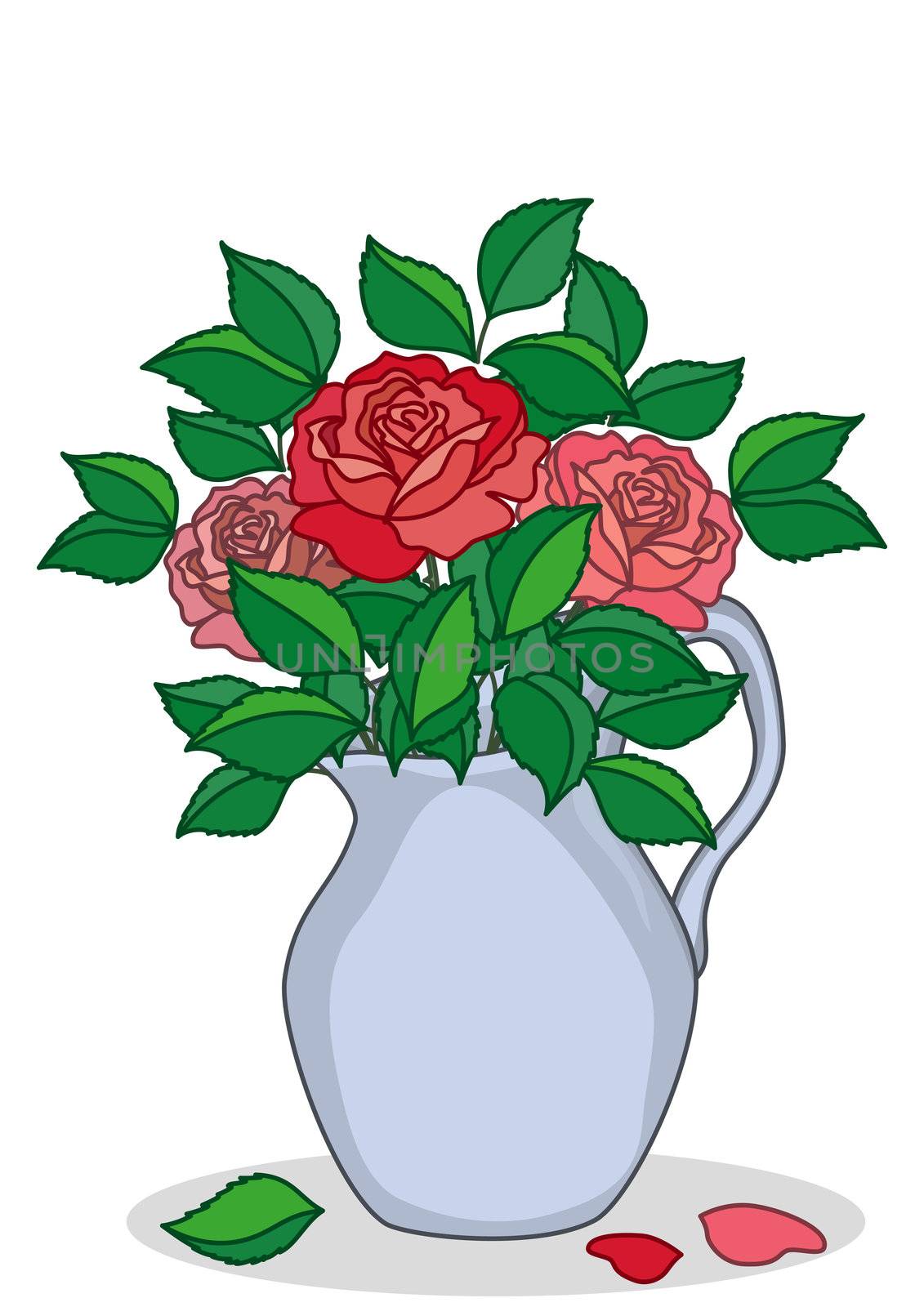 Jug of blue porcelain with three red and pink roses