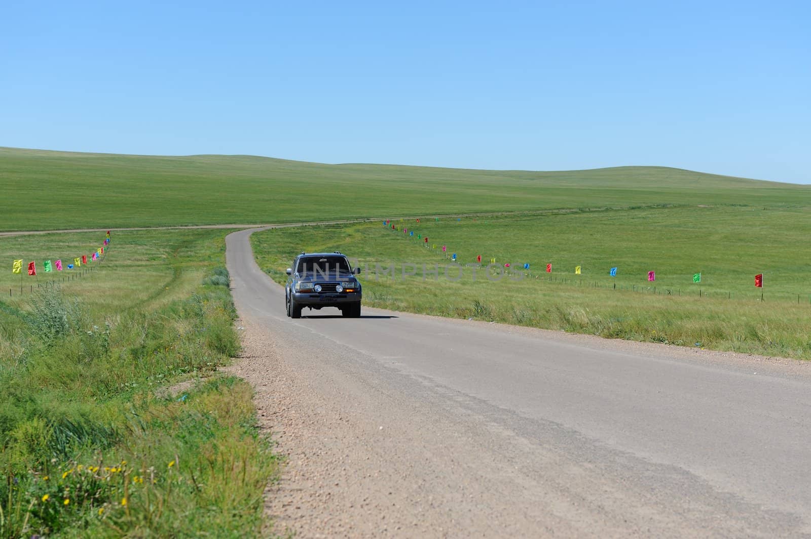 SUV moving in Hulun Buir grassland of Inner-Mongolia, China