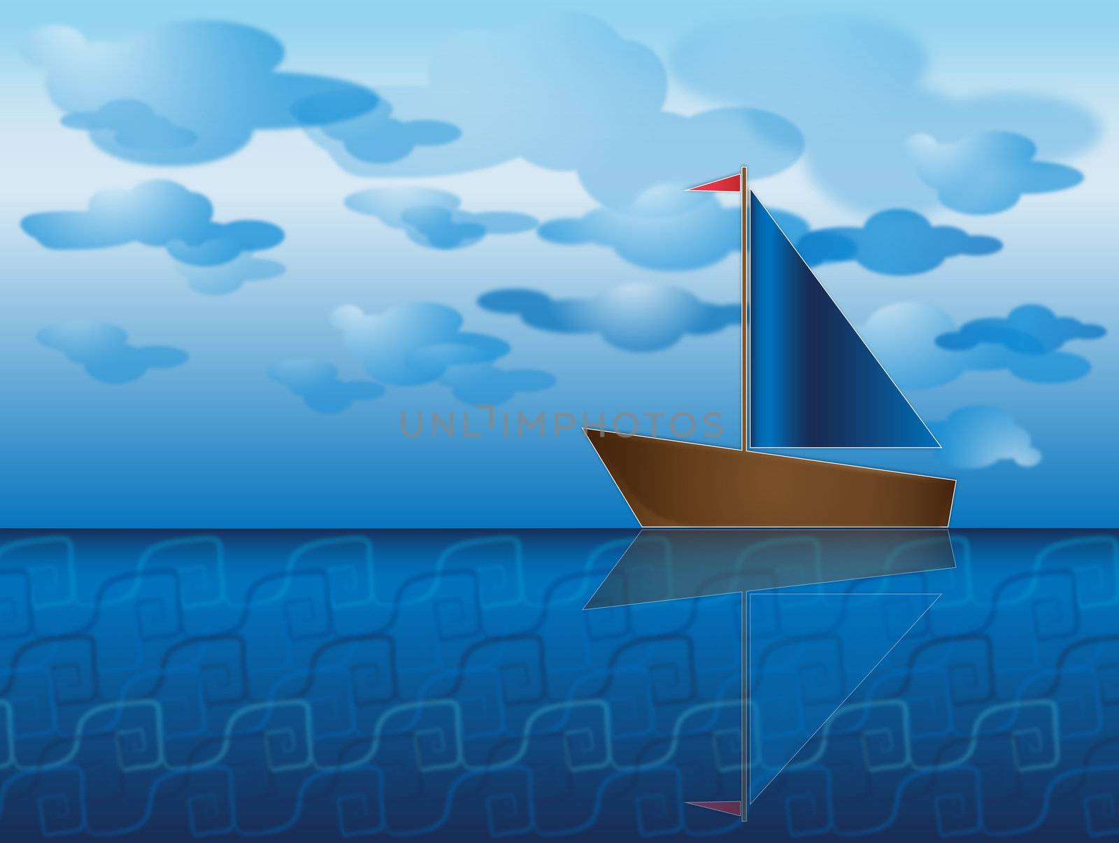 ship with a sail on water surface with pale blue clouds