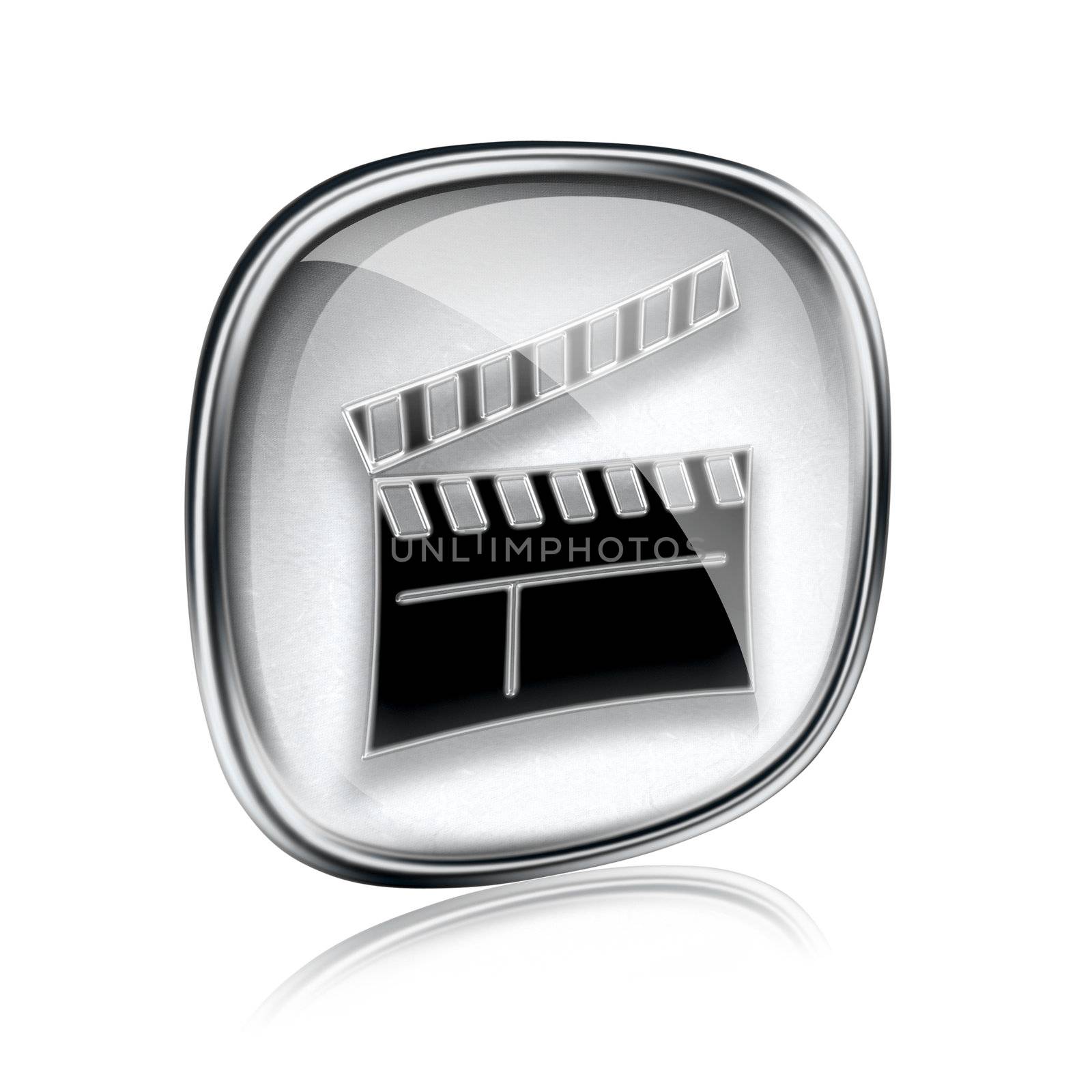 movie clapperboard icon grey glass, isolated on white background.