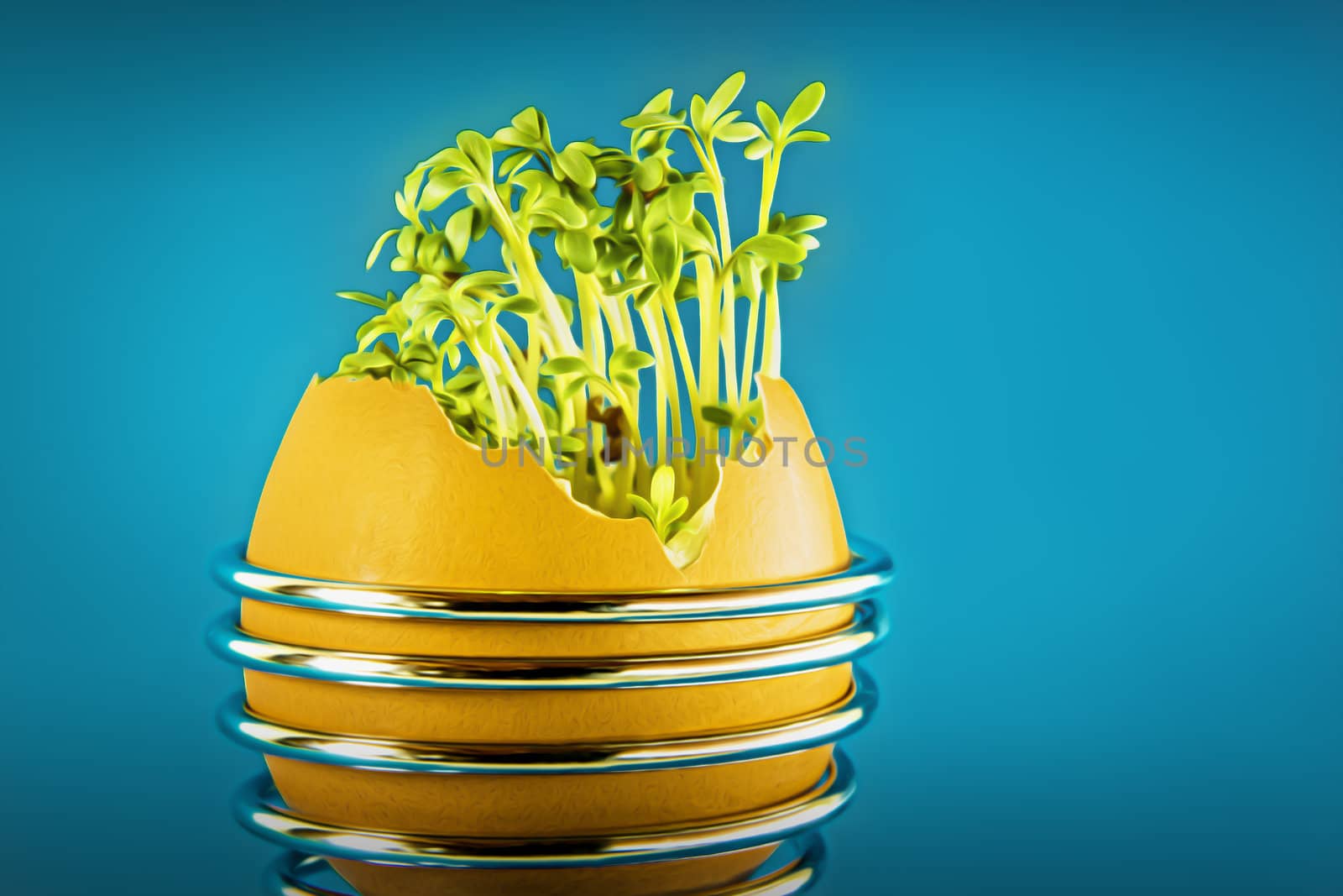 eggshell with cress and blue background