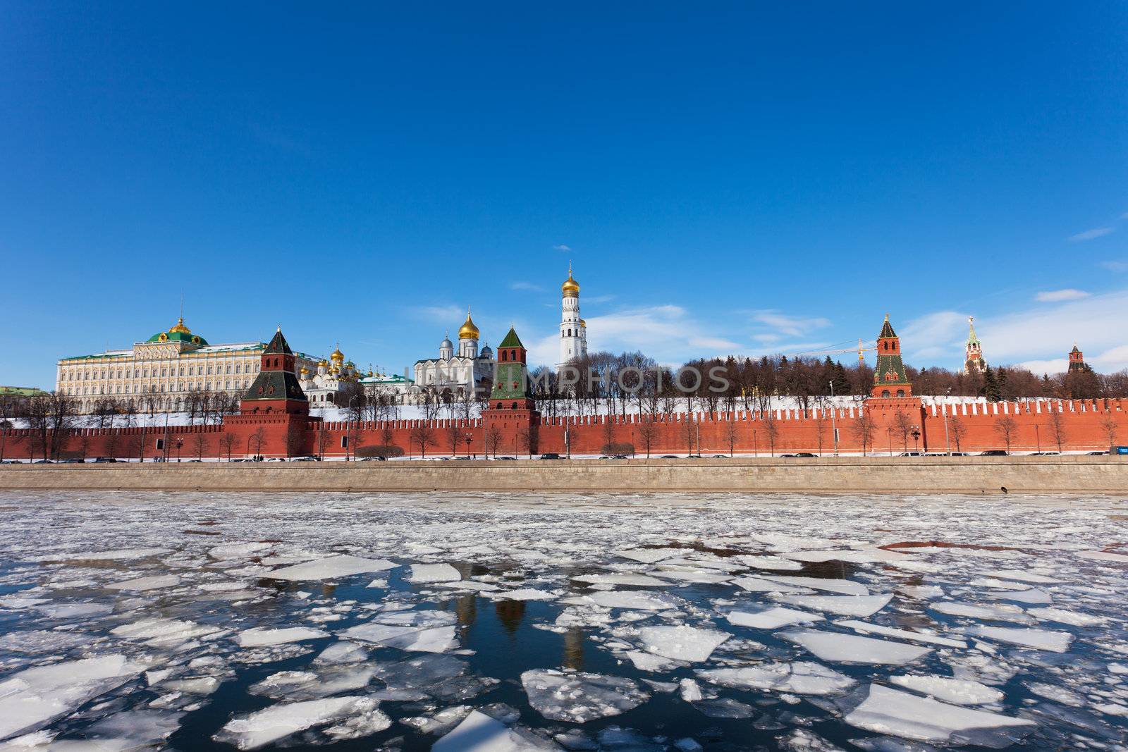 Moscow Kremlin and Moskva River in the sunny spring afternoon.