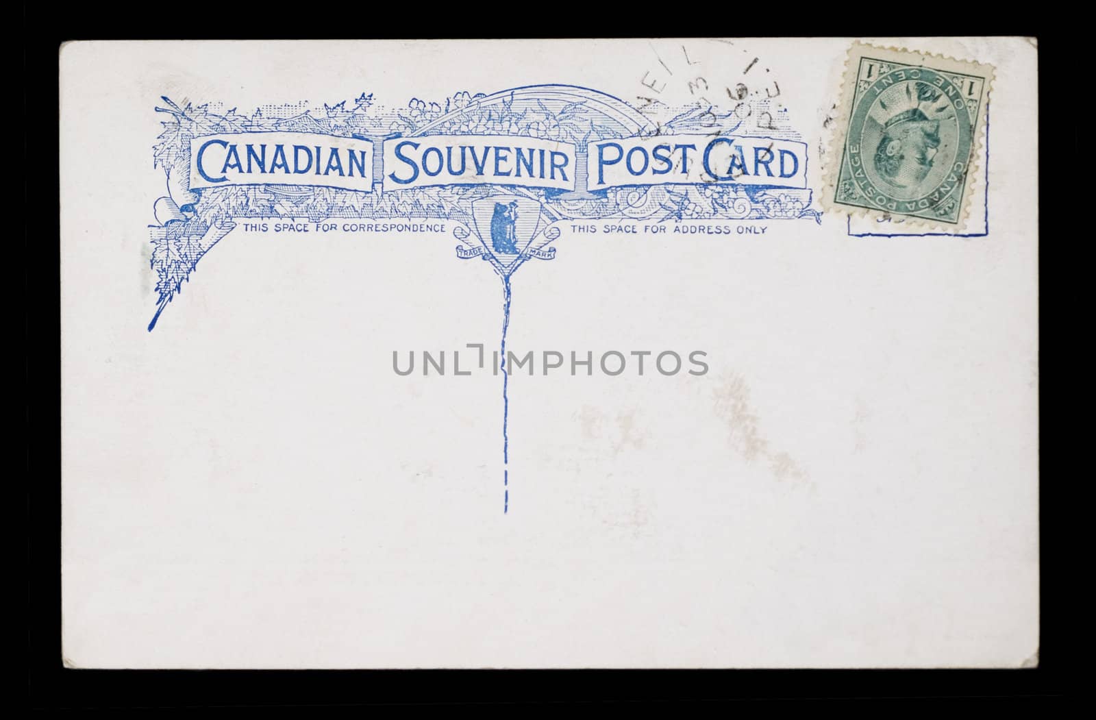 Antqiue Canadian Souvenir Post Card - blank except the cancelled stamp.