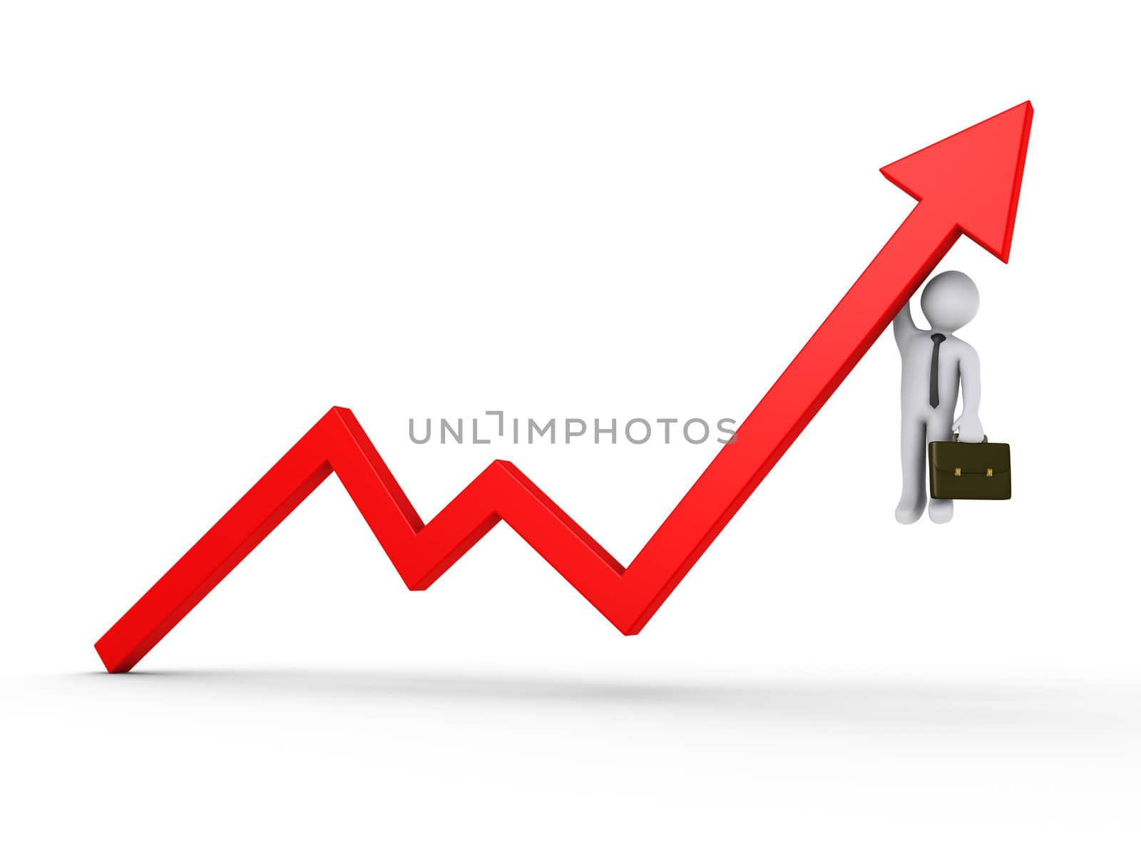 3d businessman is hanging from rising arrow graph