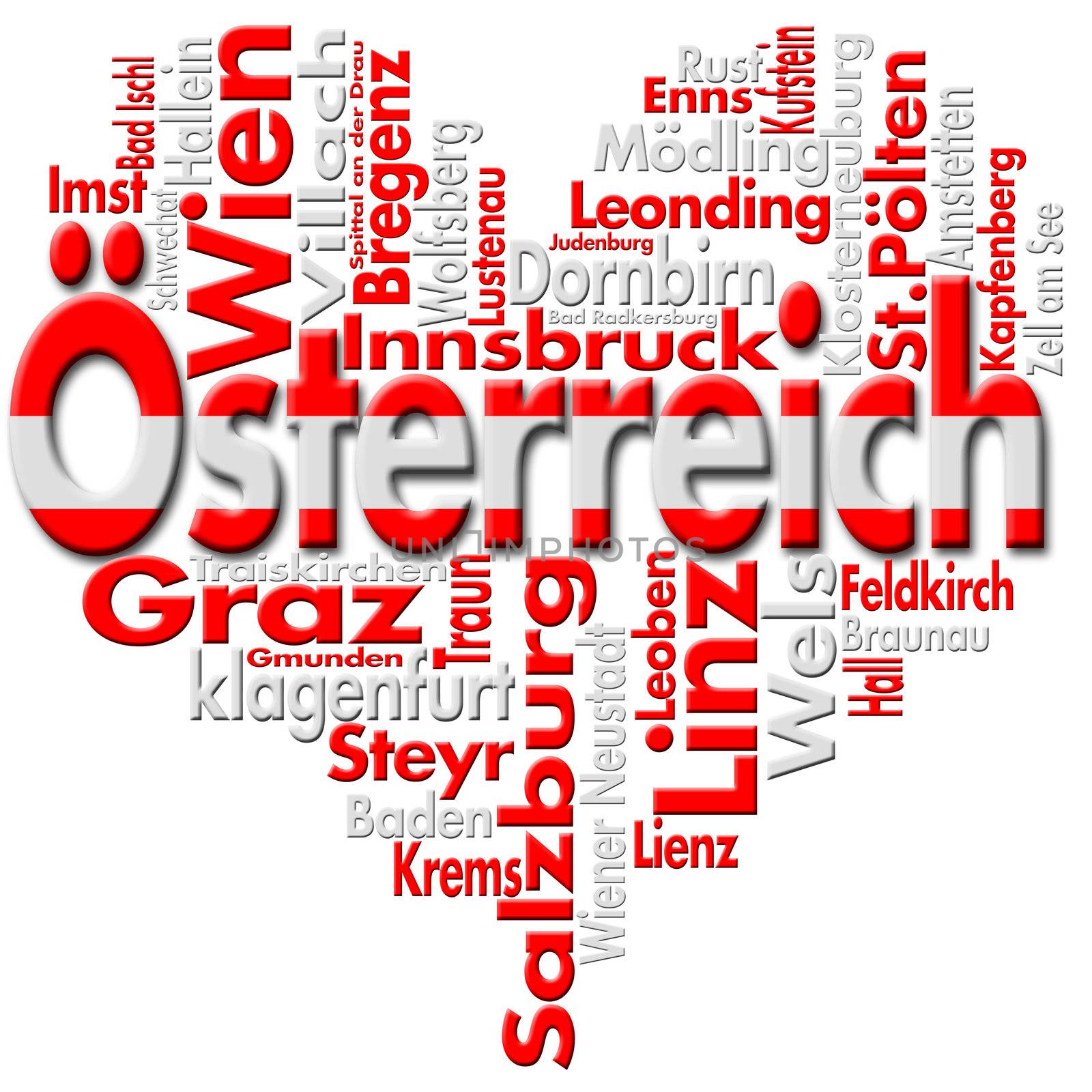 Written Österreich and Austrian cities with heart-shaped, Austrian flag colors