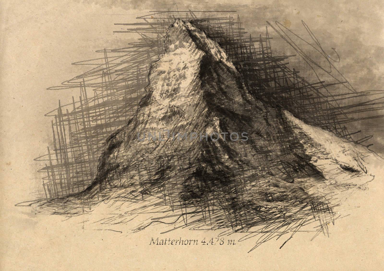 Drawing of mountain Materhorn - pencil on kraft paper.