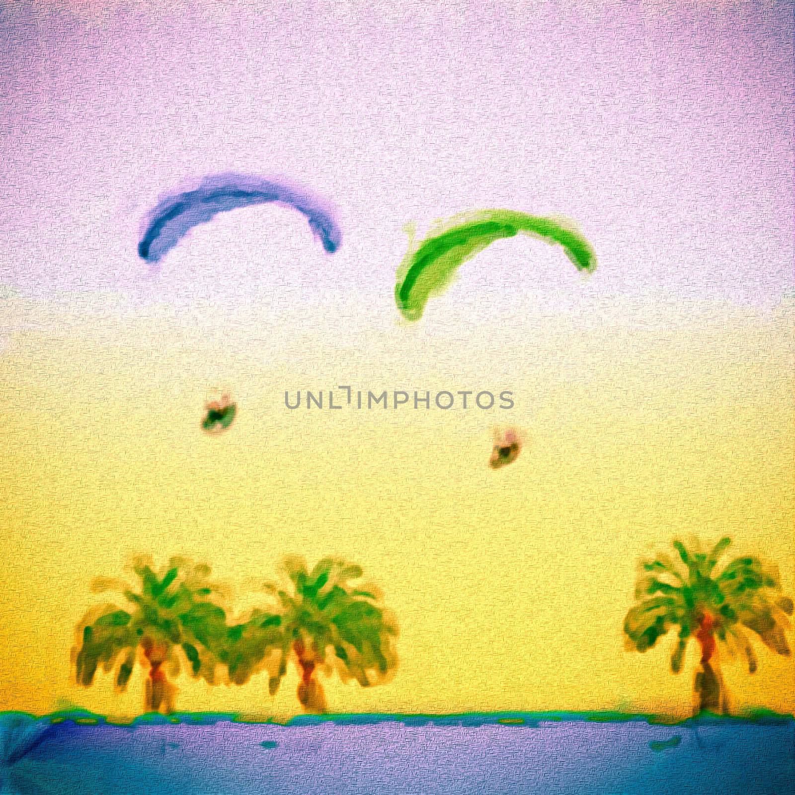 Digital canvas painting of parachutes above a tropical beach