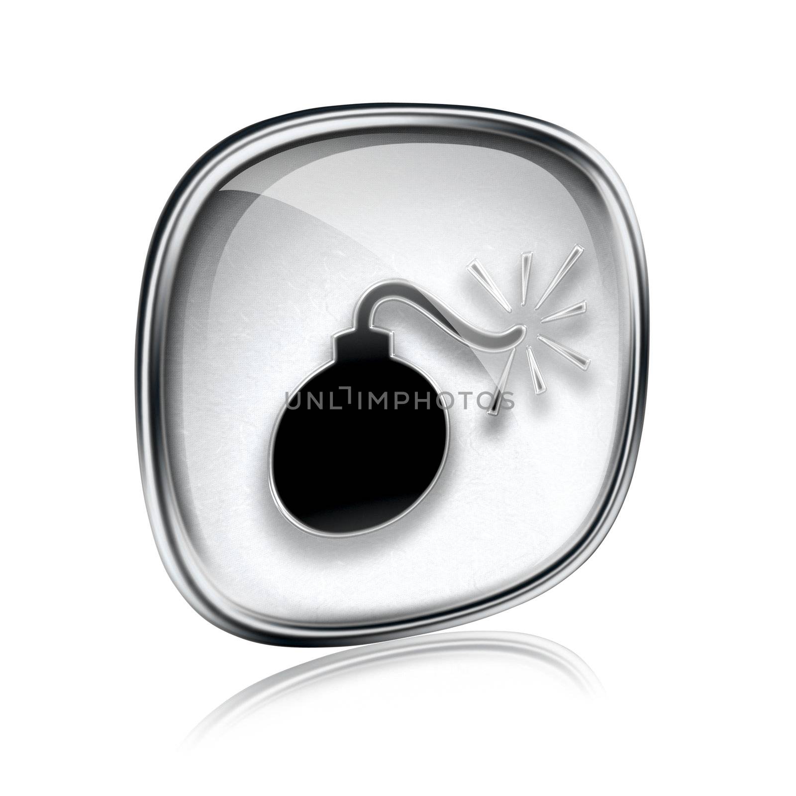 bomb icon grey glass, isolated on white background.