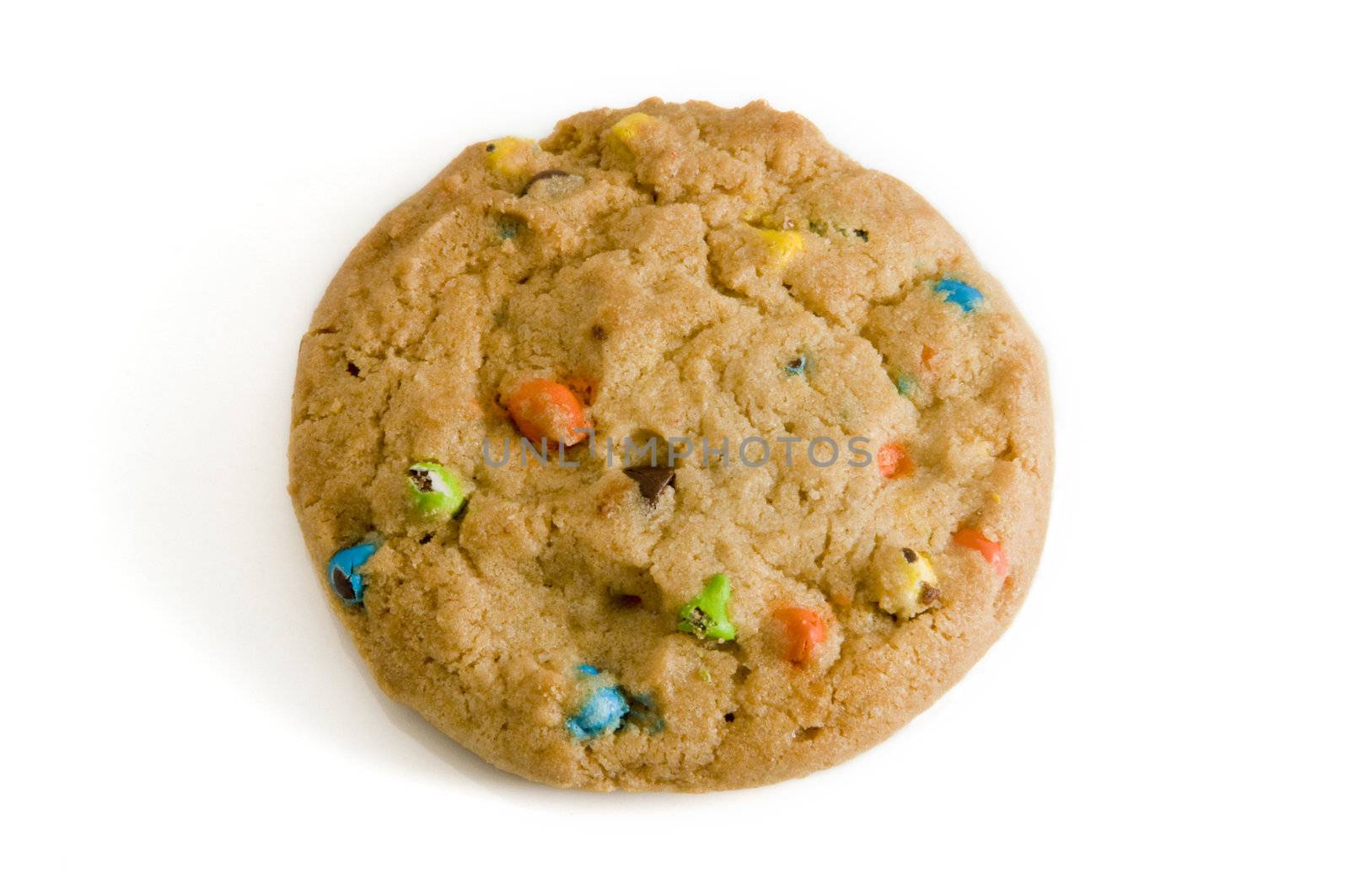 Single candy chip cookie on white background