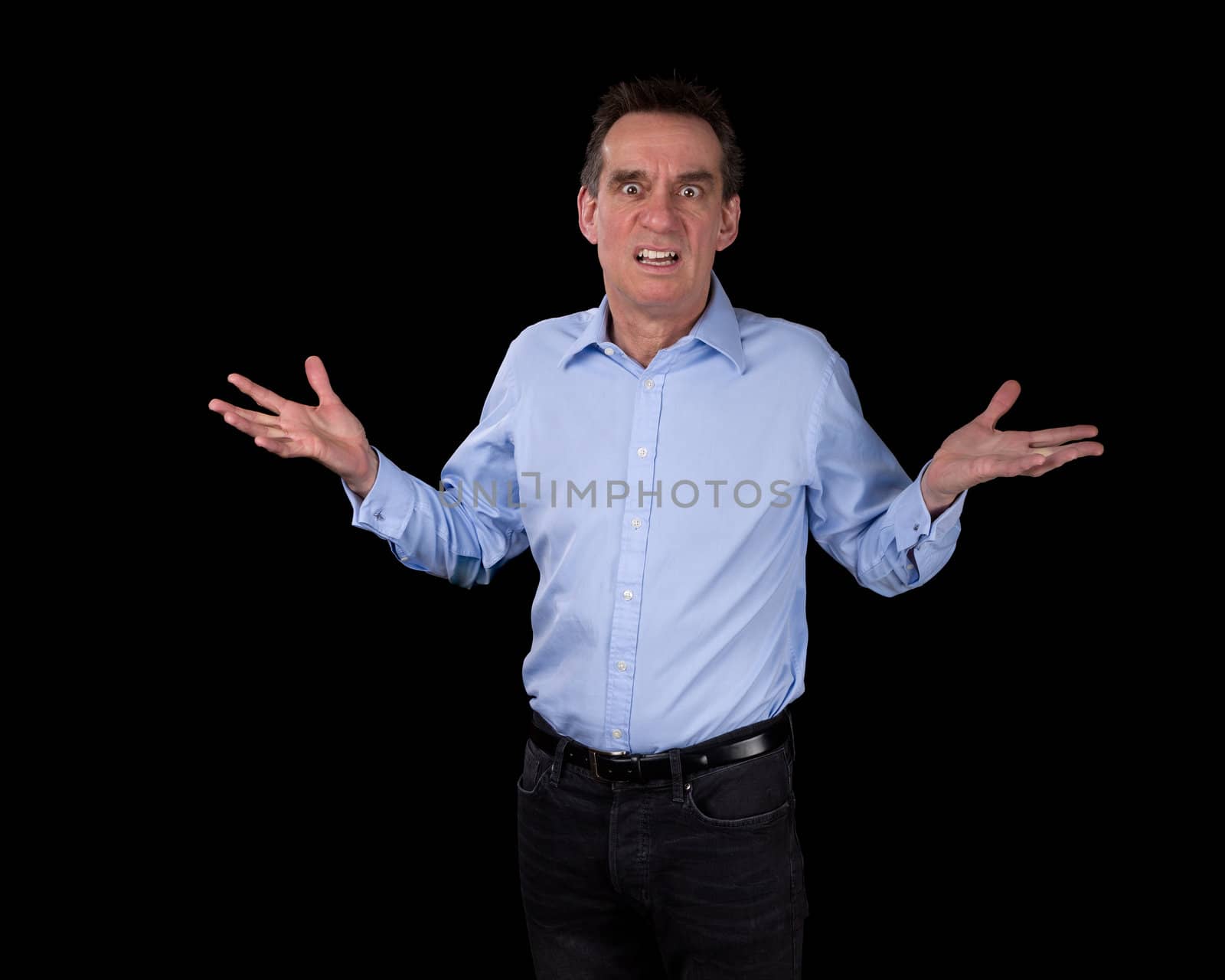 Shocked Surprised Middle Age Business Man Hands Raised Black Background