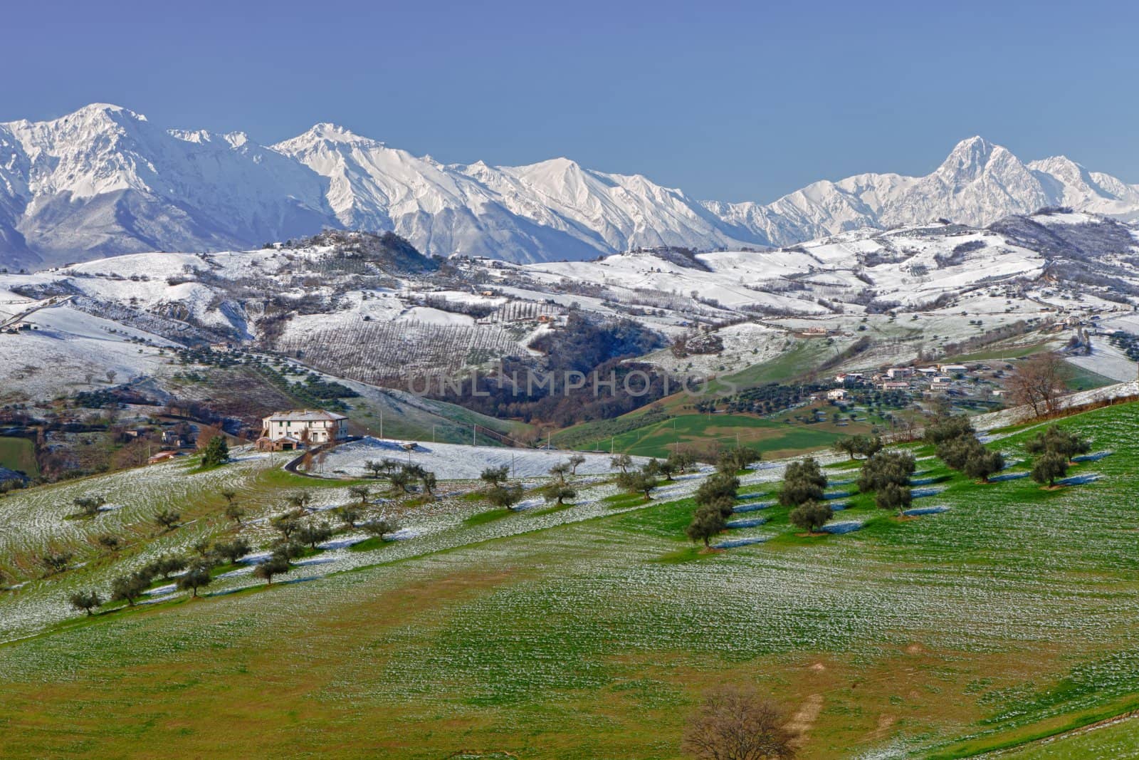 Gran Sasso mountain covered in snow in Abruzzo Italy