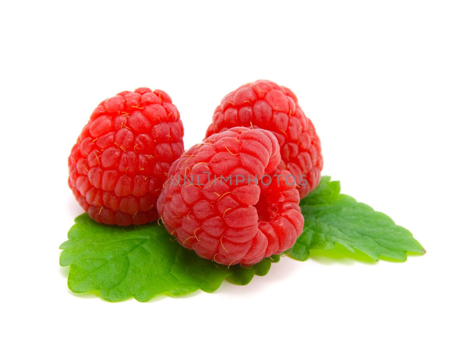 three raspberries with green leaves on white background