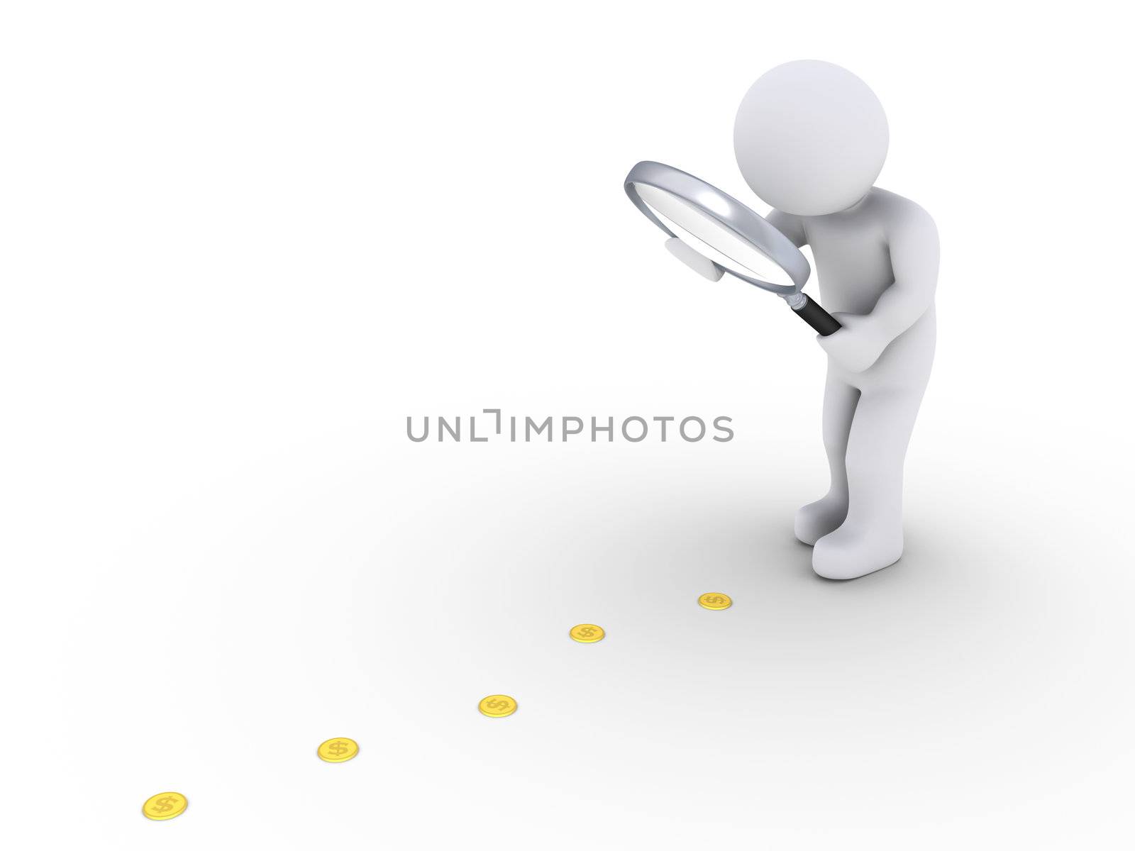 3d person holding a magnifier is looking at coins on the ground