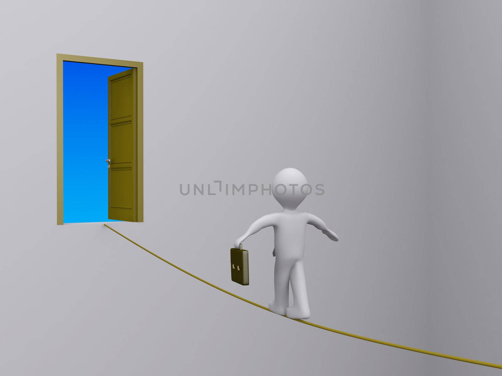 3d businessman walking on tightrope in order to reach open door