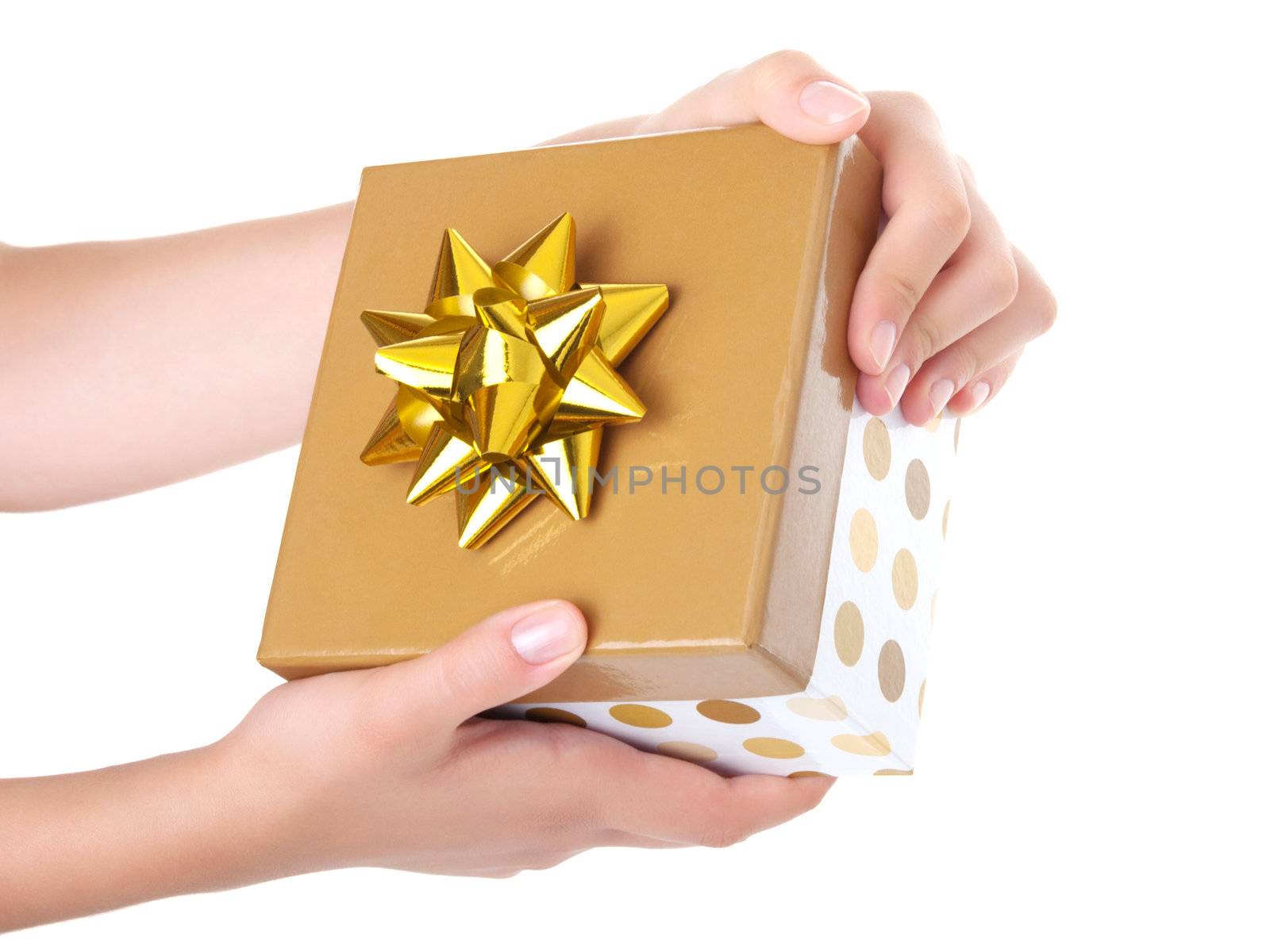 young girl with golden gift box for you  by motorolka