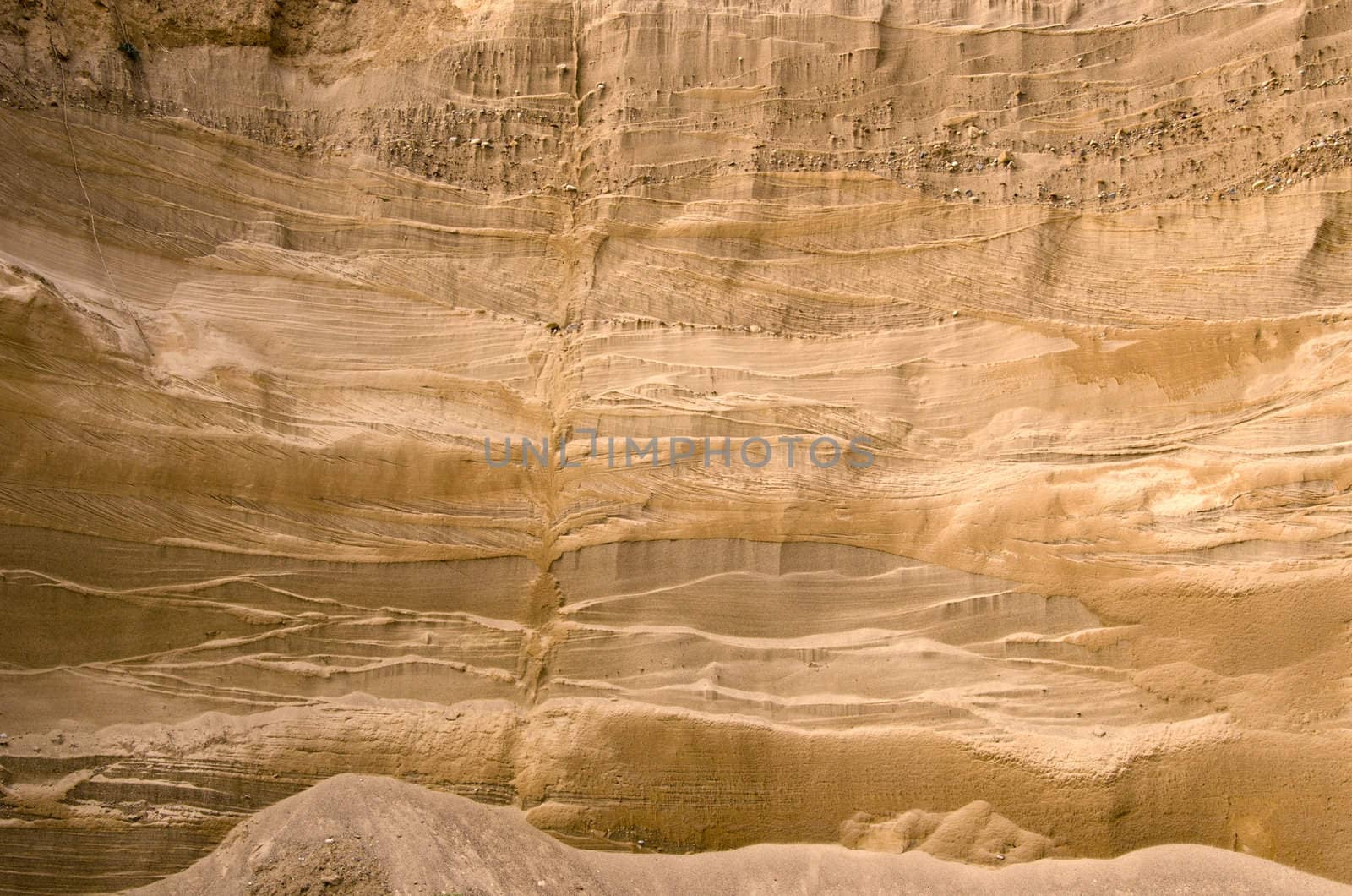 Geological layers of earth in deep sand pit.