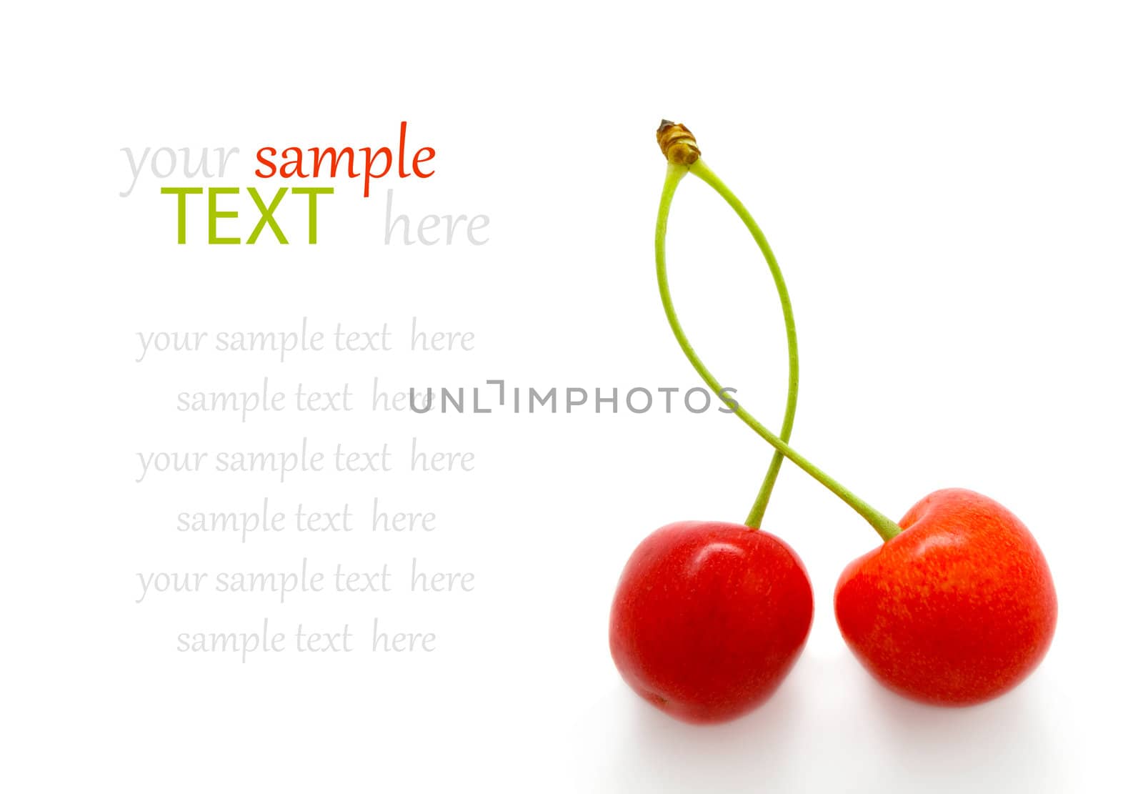 sweet cherry with a green leaf on white background.  by motorolka