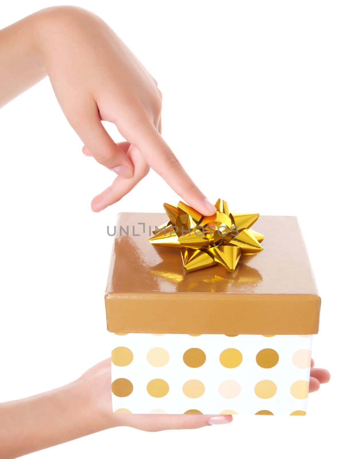 young girl with golden gift box for you 