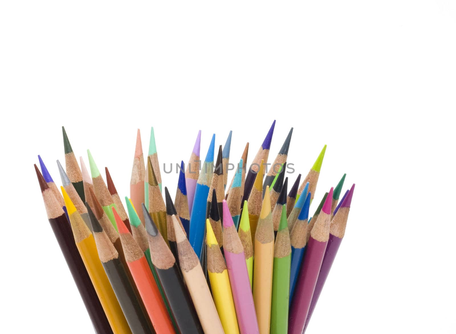 Many colored pencils with white background.