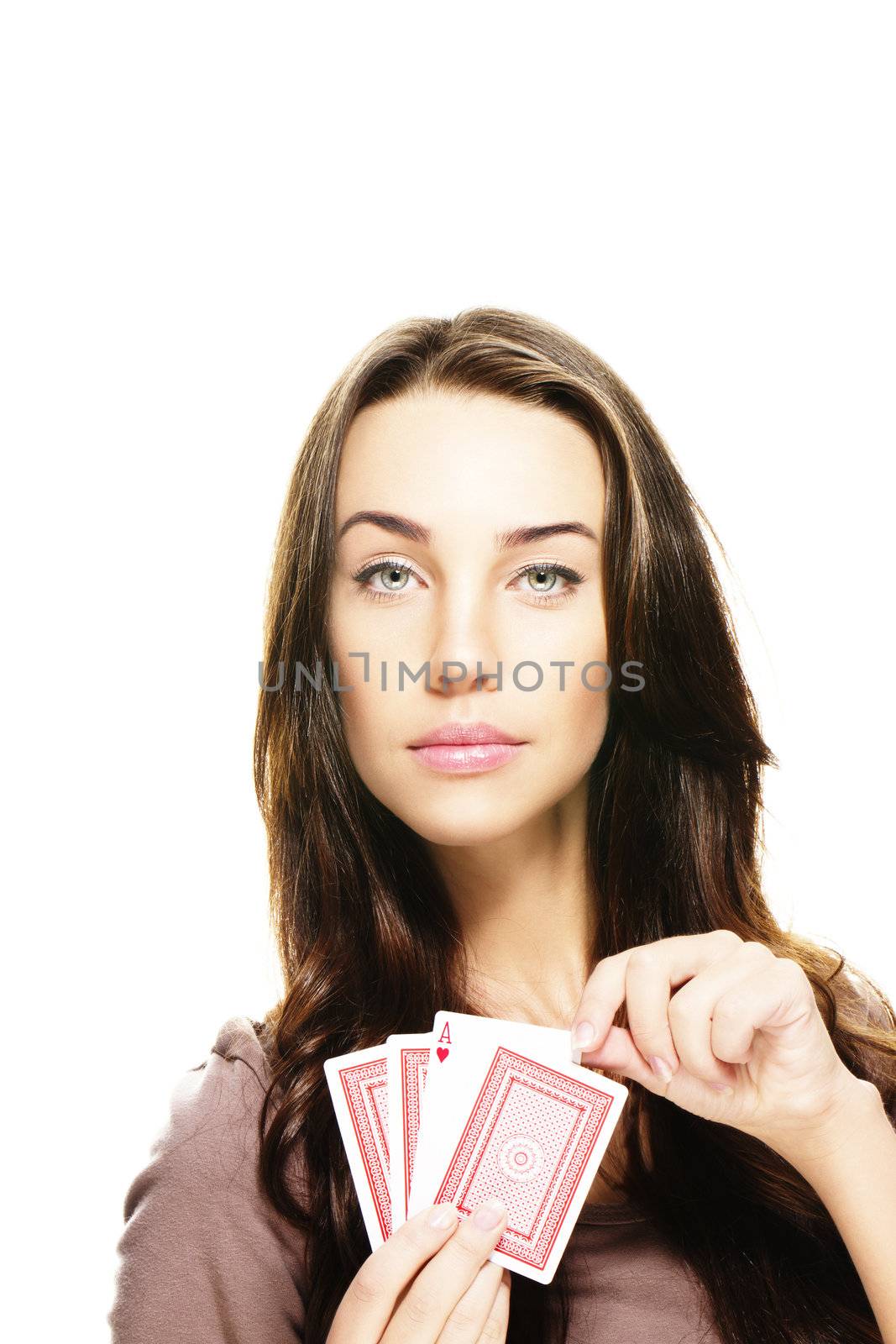 beautiful woman picking poker card on white background