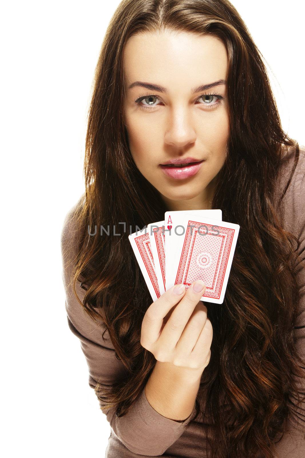 beautiful woman playing poker on white background