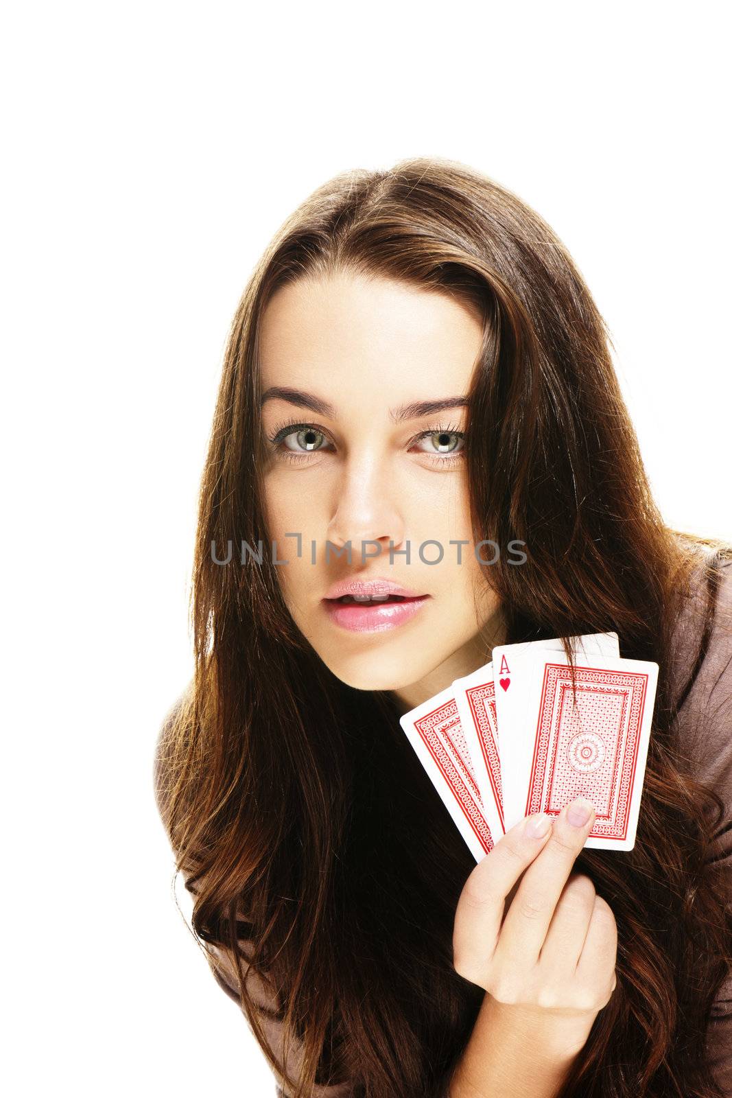 gorgeous woman holding poker cards on white background