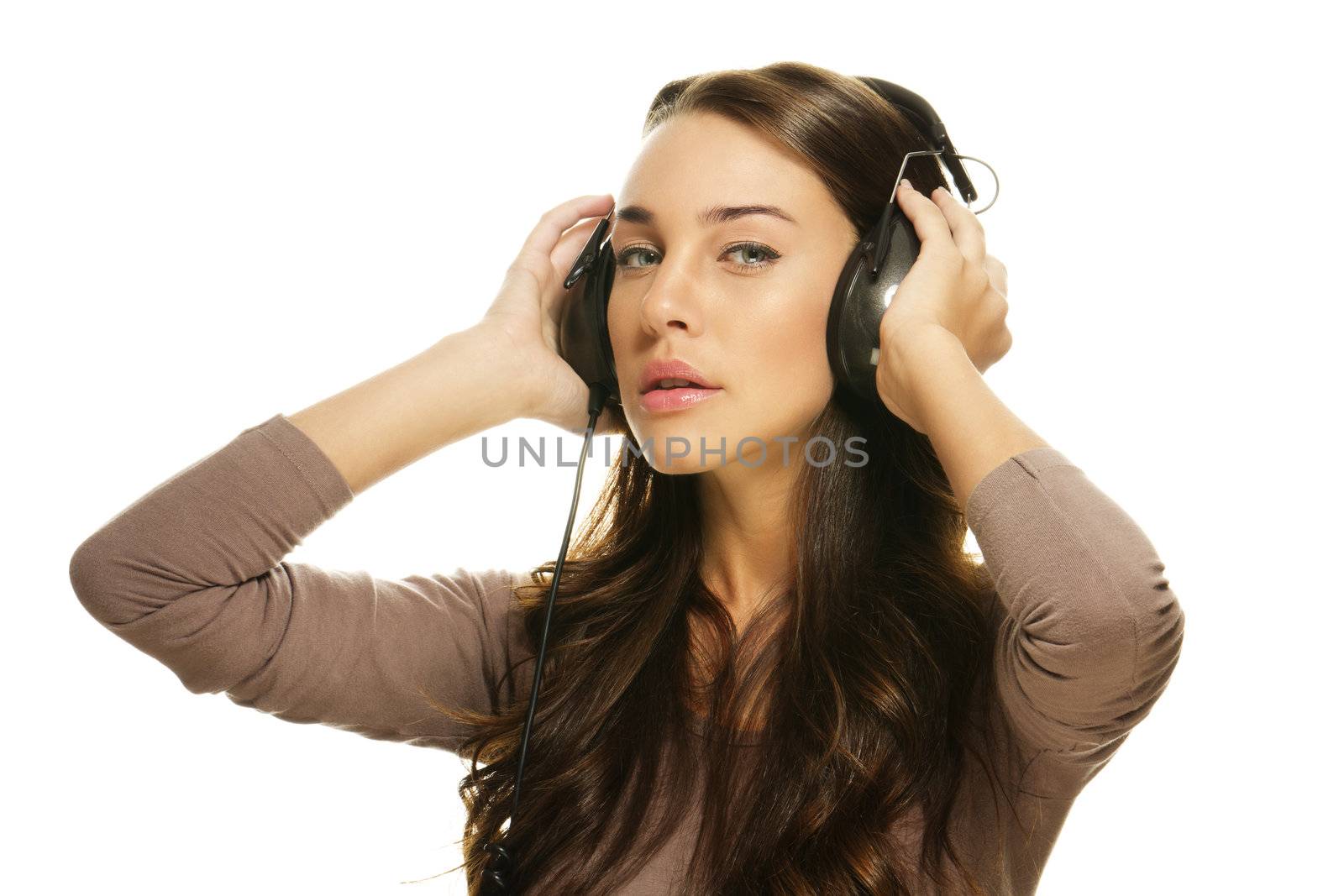 beautiful woman with headphones on white background