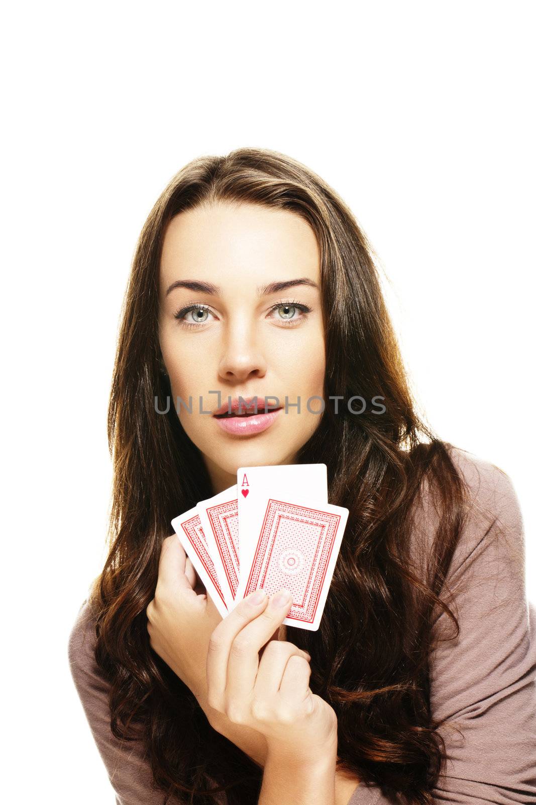 beautiful woman with poker cards on white background