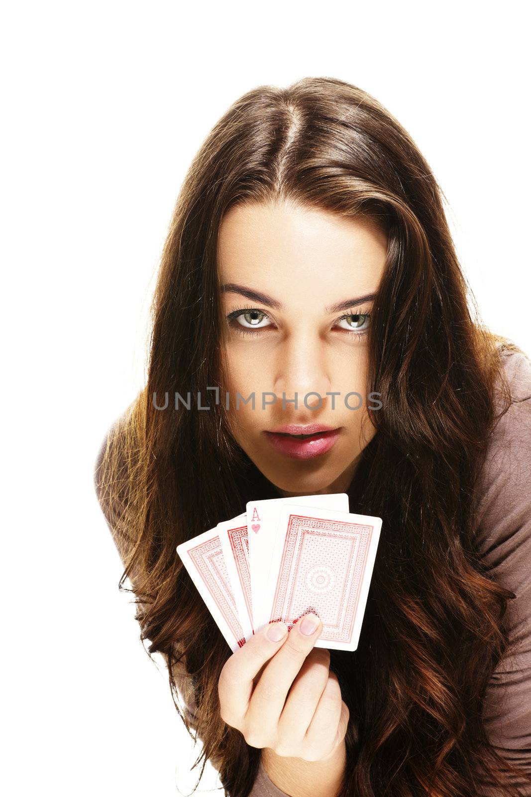 beautiful woman with poker cards on white background