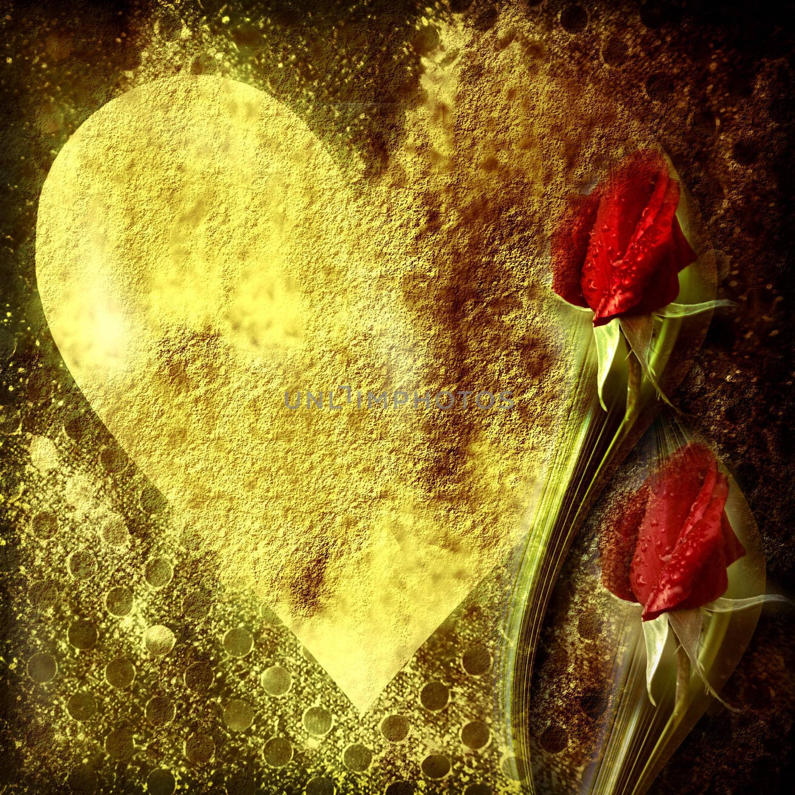 golden brown grunge background with heart tranparent red rosebuds