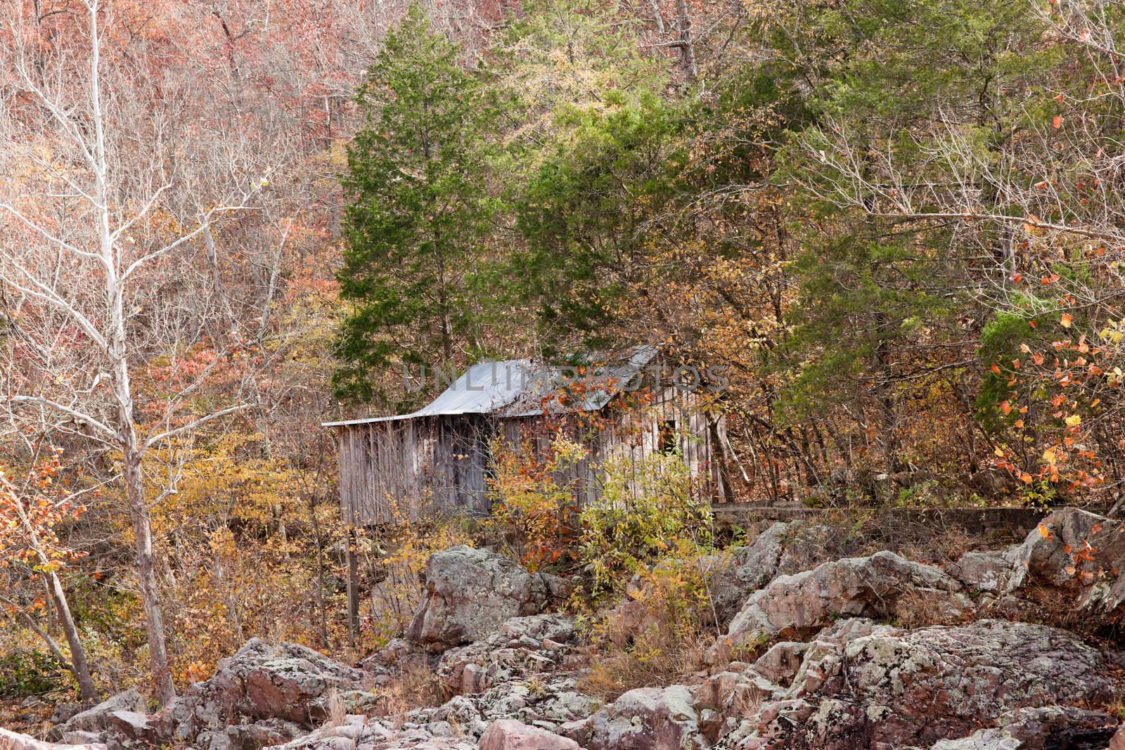 old settlers cabin in the forest in missouri
