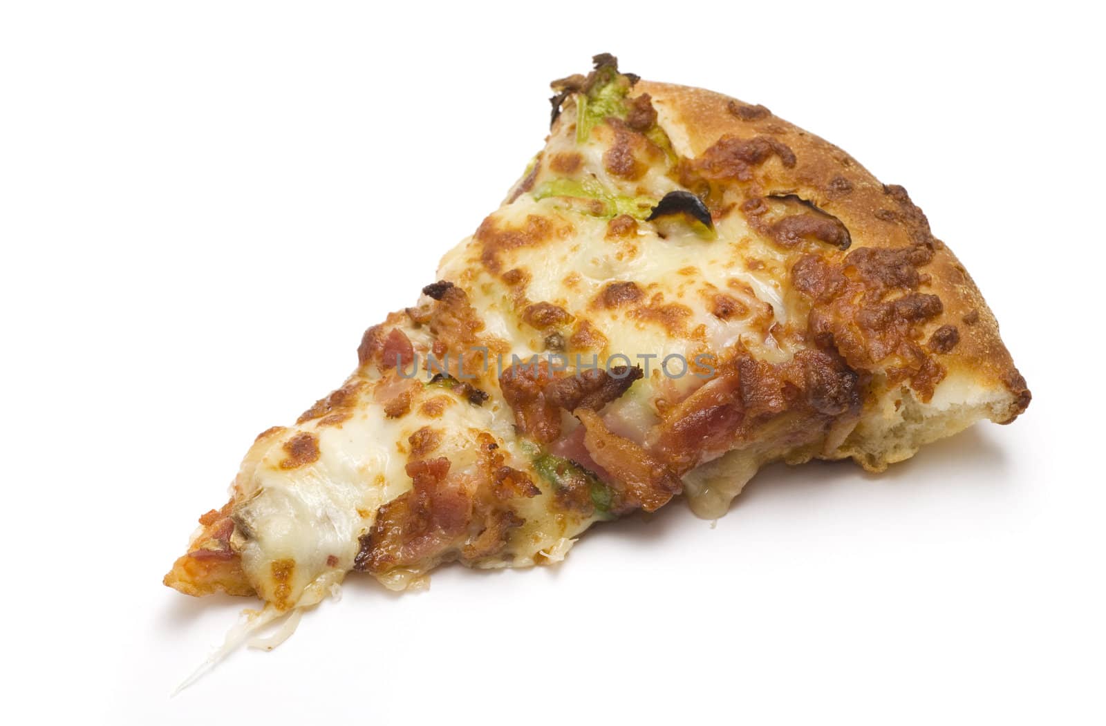Piece of a combination pizza isolated on a white background.