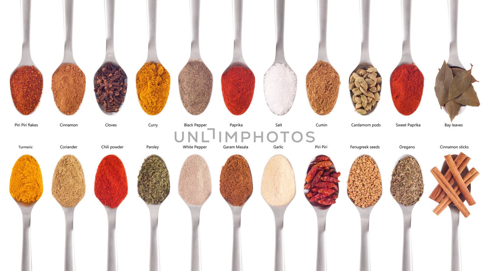 gorgeous collection of 22 spices on spoons (cumin, coriander, curry, paprika, chili, piri piri, cinnamon, fenugreek, cardamom, oregano, parsley, garlic, salt, cloves, garam masala, turmeric, bay) isolated on white background