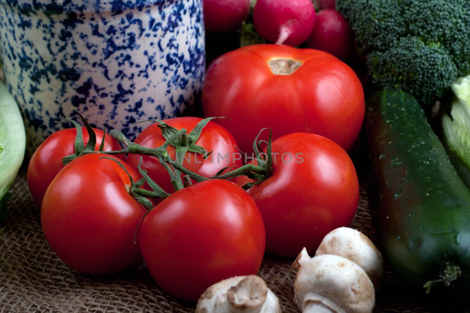 Vegetables, group with tomatos cucumber radish broccoli mushrooms