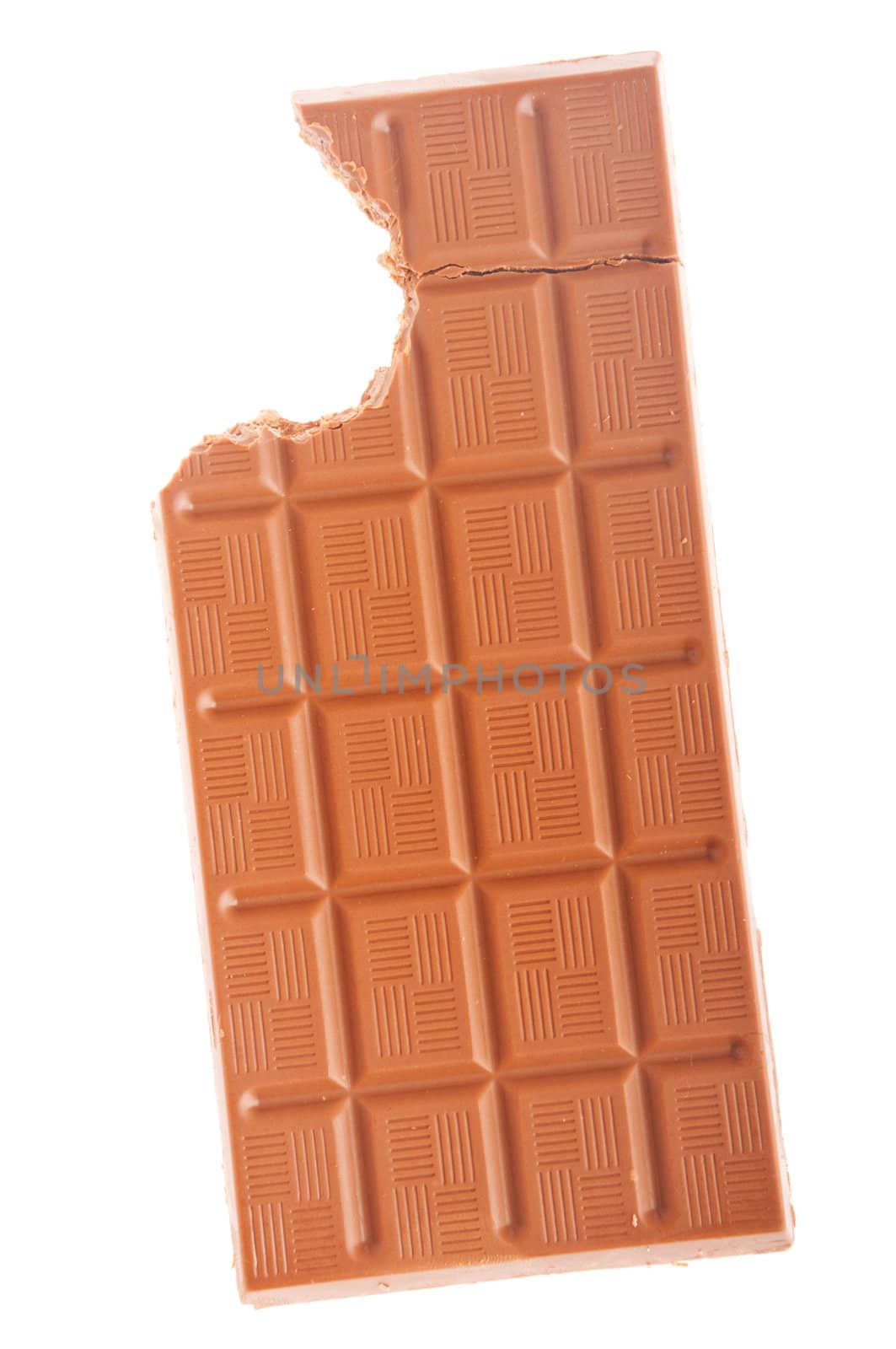 crispy rice chocolate bar with bite isolated on white background
