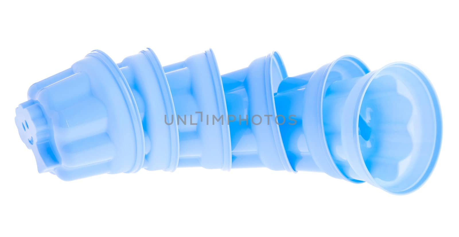 row of blue plastic cups (isolated on white background)