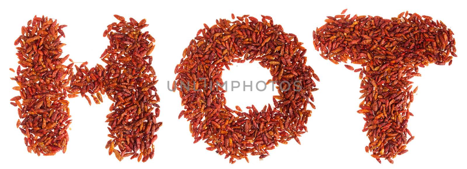 hot written with piri piri chilli peppers (isolated on white background)